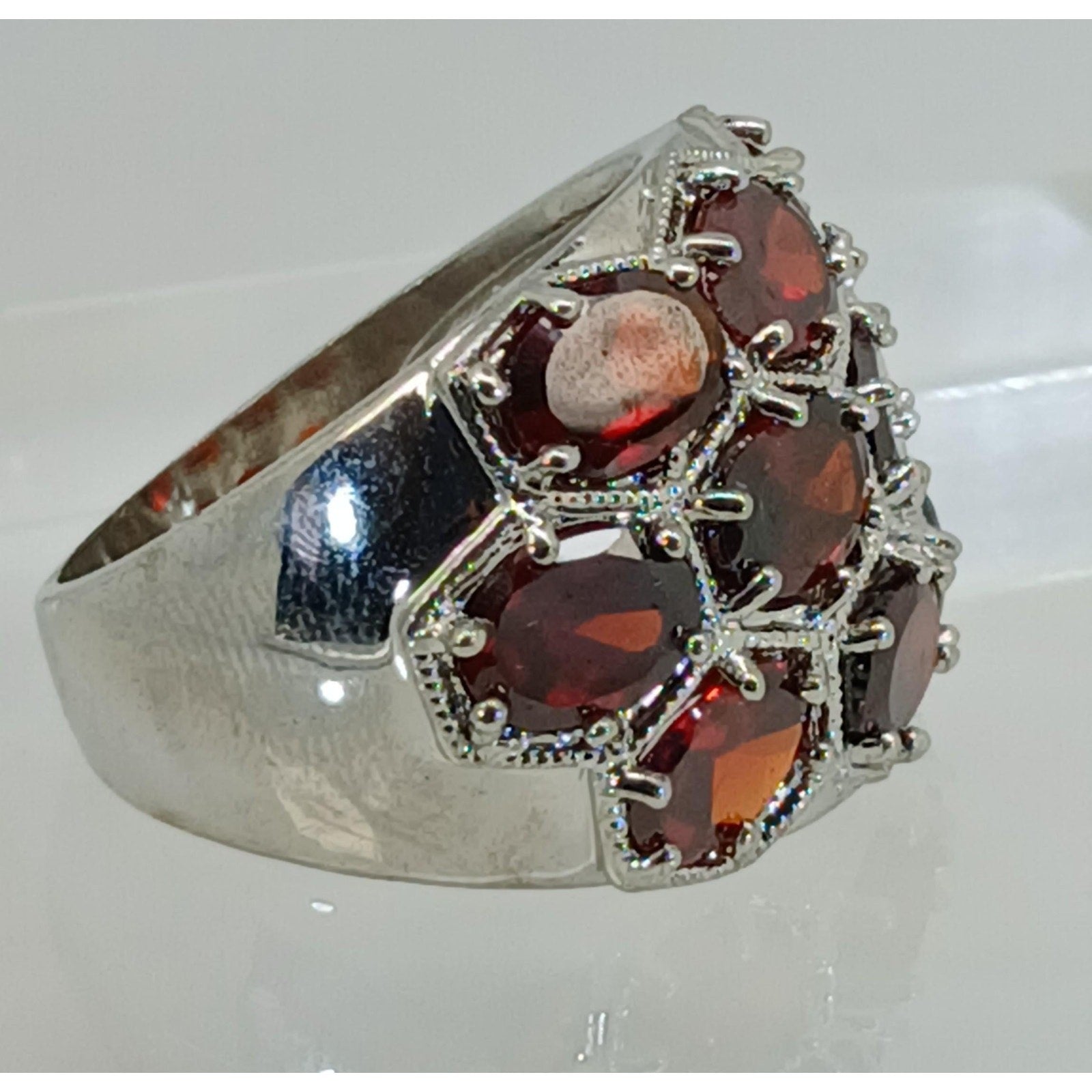 Vintage Ring Size 10.5 Silver Tone White Gold GP Red CZ Cocktail New-Old-Stock - HoneyThomas.com