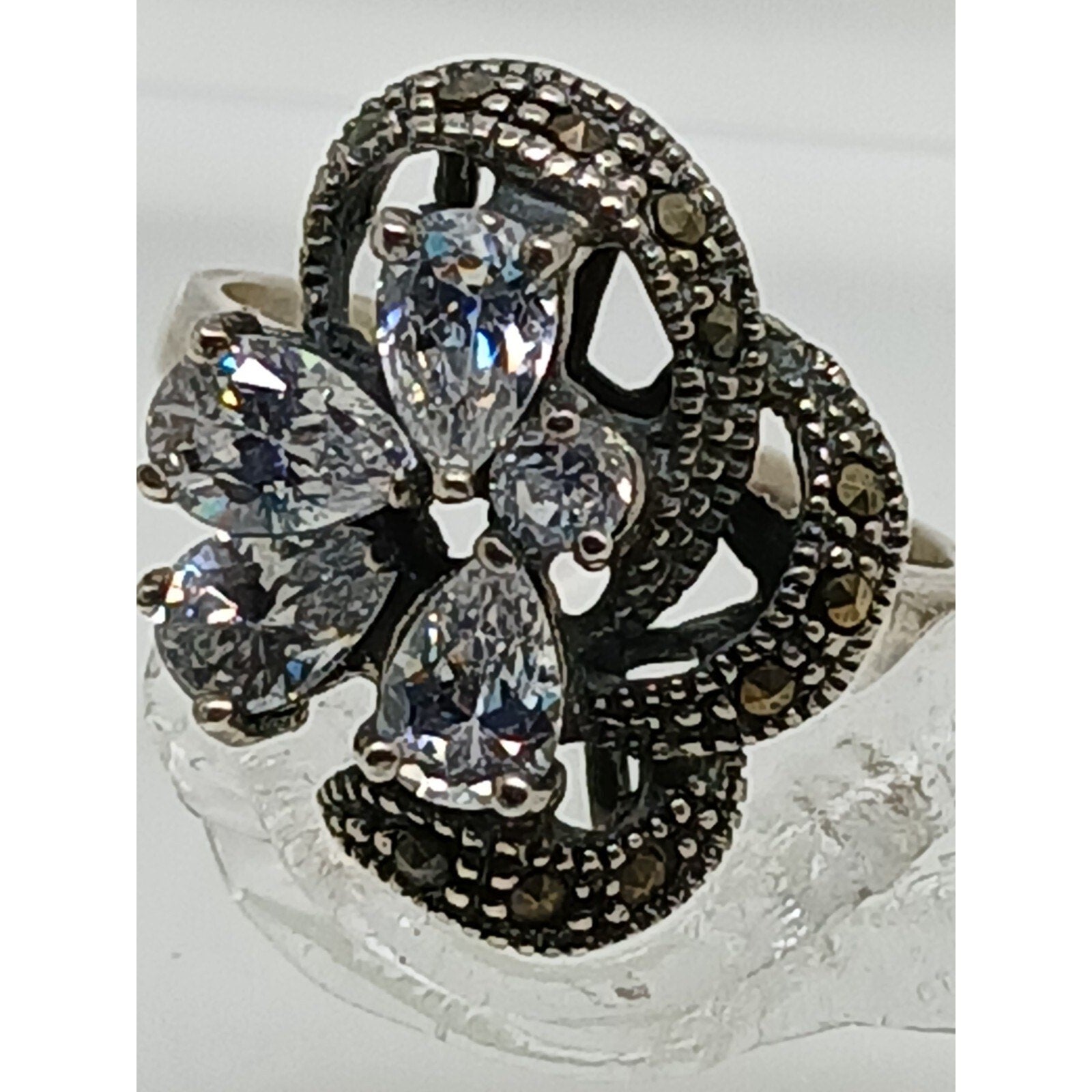 1990's Vintage Antique-Style Marcasite Sterling Silver Diamond CZ Size Ring 8.5 - HoneyThomas.com
