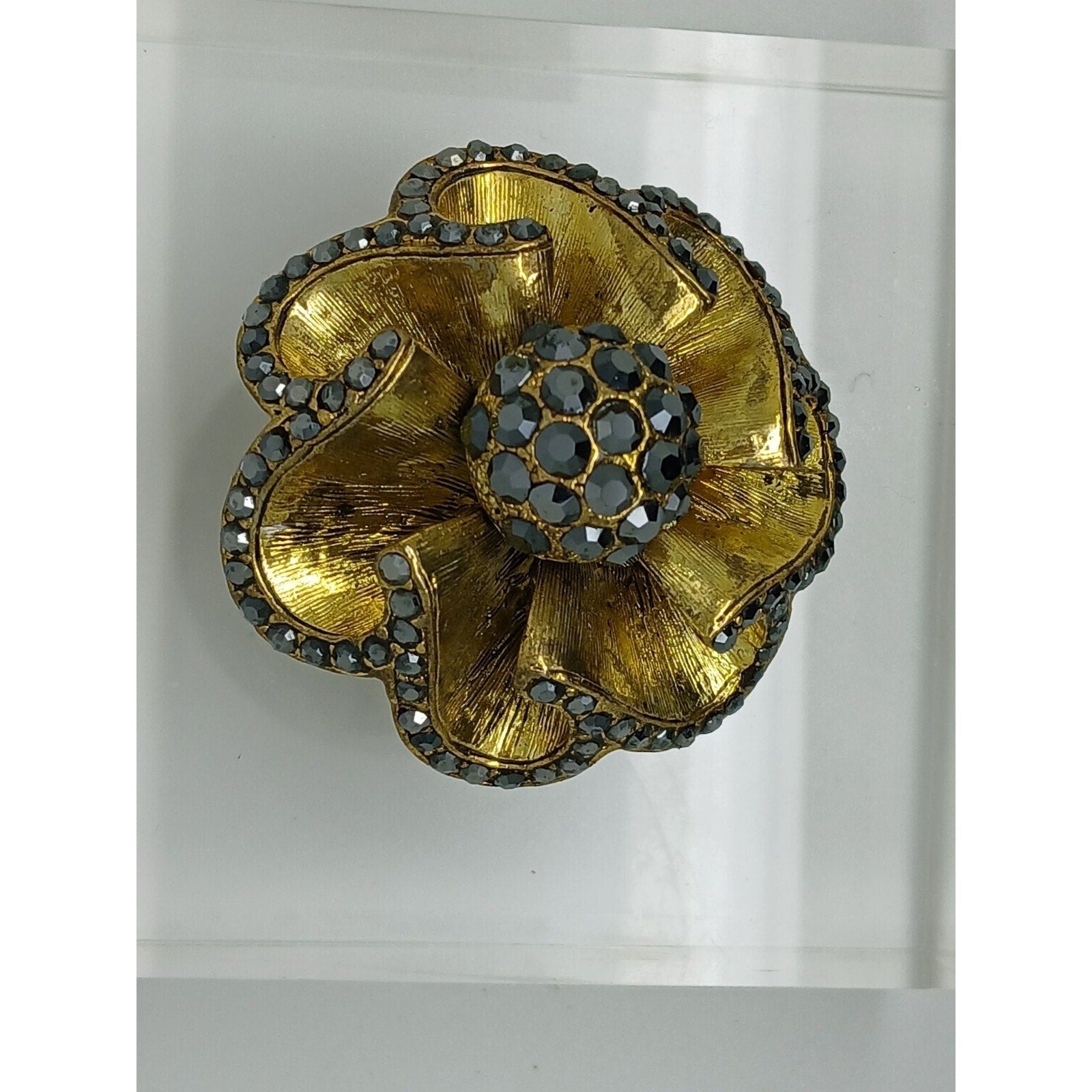 Vintage Antique Style 90s Gold Floral AB Rhinestone Crystal Brooch Pin Rare New
