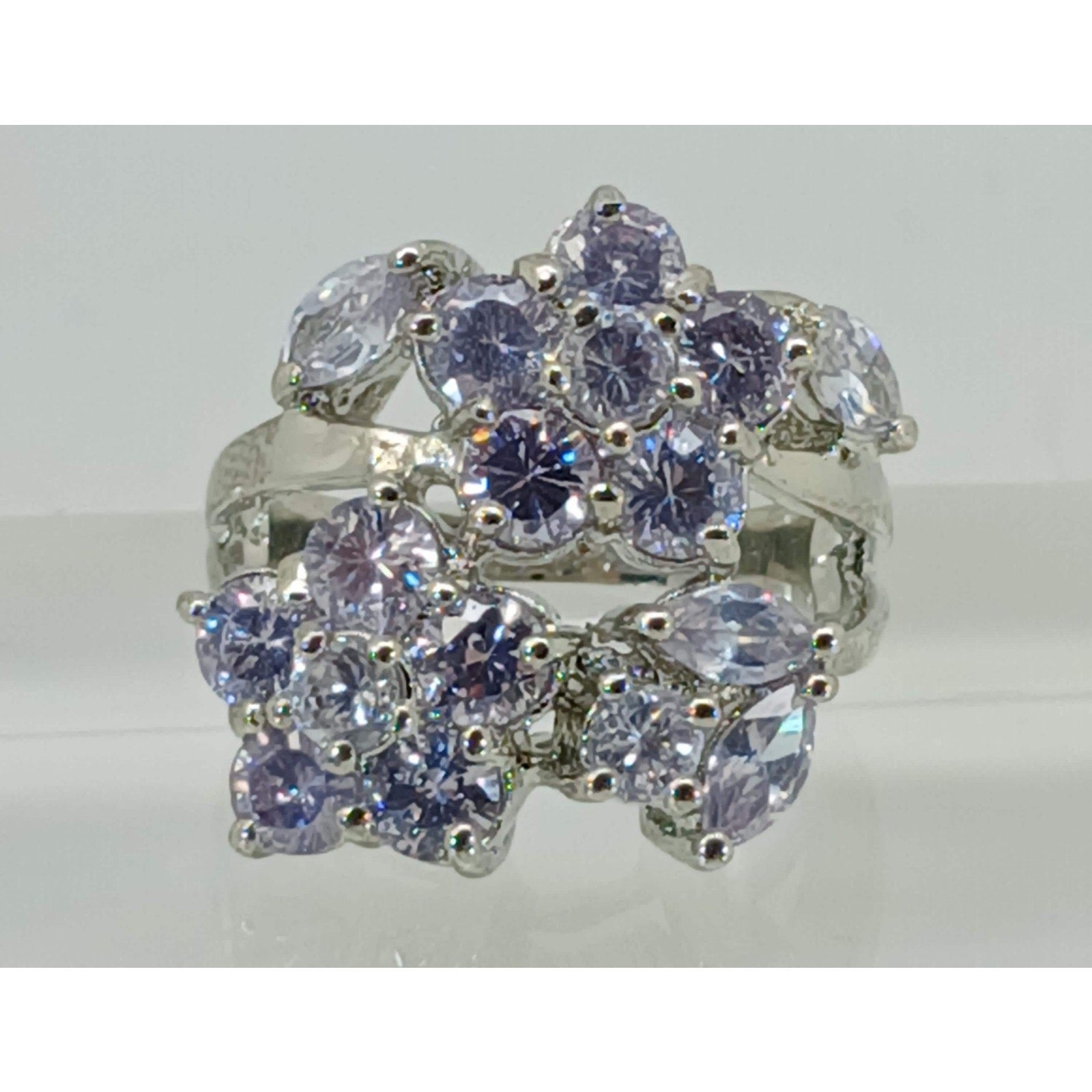 Vintage Ring Size 7 Silver Tone White Gold GP Brilliant Sim Diamond CZ Cocktail - HoneyThomas.com