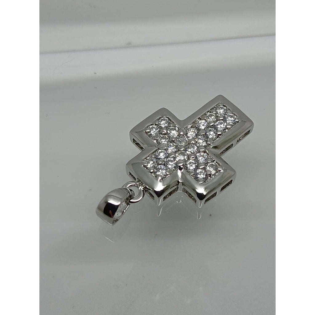 Elegant 90s Vintage Sterling Silver Cross Pendant with Sparkling White CZ Stones - HoneyThomas.com