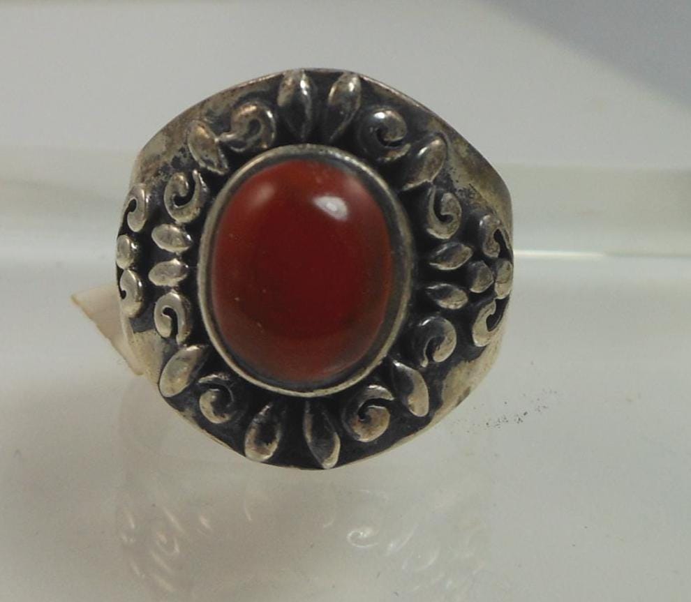 Vintage Oxidized Sterling Silver Carnelian Ring - Size 7.5