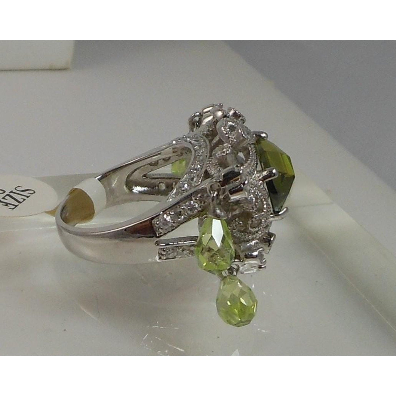 Vintage Sterling Silver Glamour Cocktail Ring Sim Peridot Briolette Drops Size 9 - HoneyThomas.com