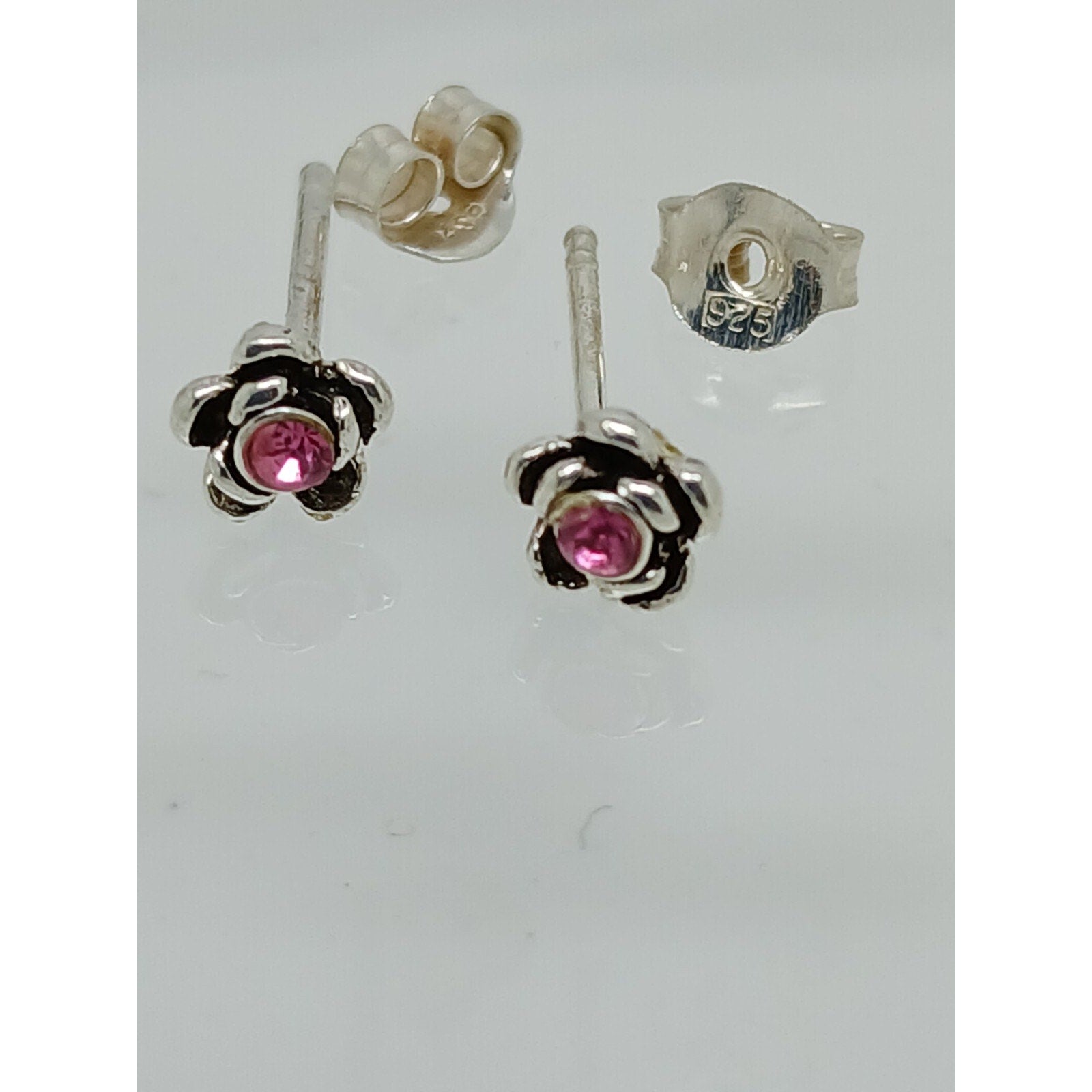 Vintage Estate Jewelry NOS .925 Sterling Silver Pink Rose Crystal Earrings - HoneyThomas.com