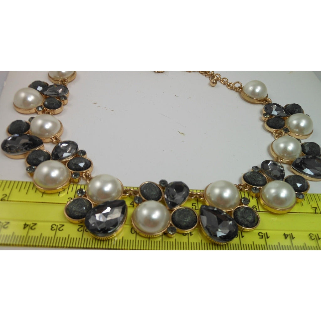 Elegant Vintage Faux Pearl Necklace with Gold and Grey Accents Statement Jewelry - HoneyThomas.com