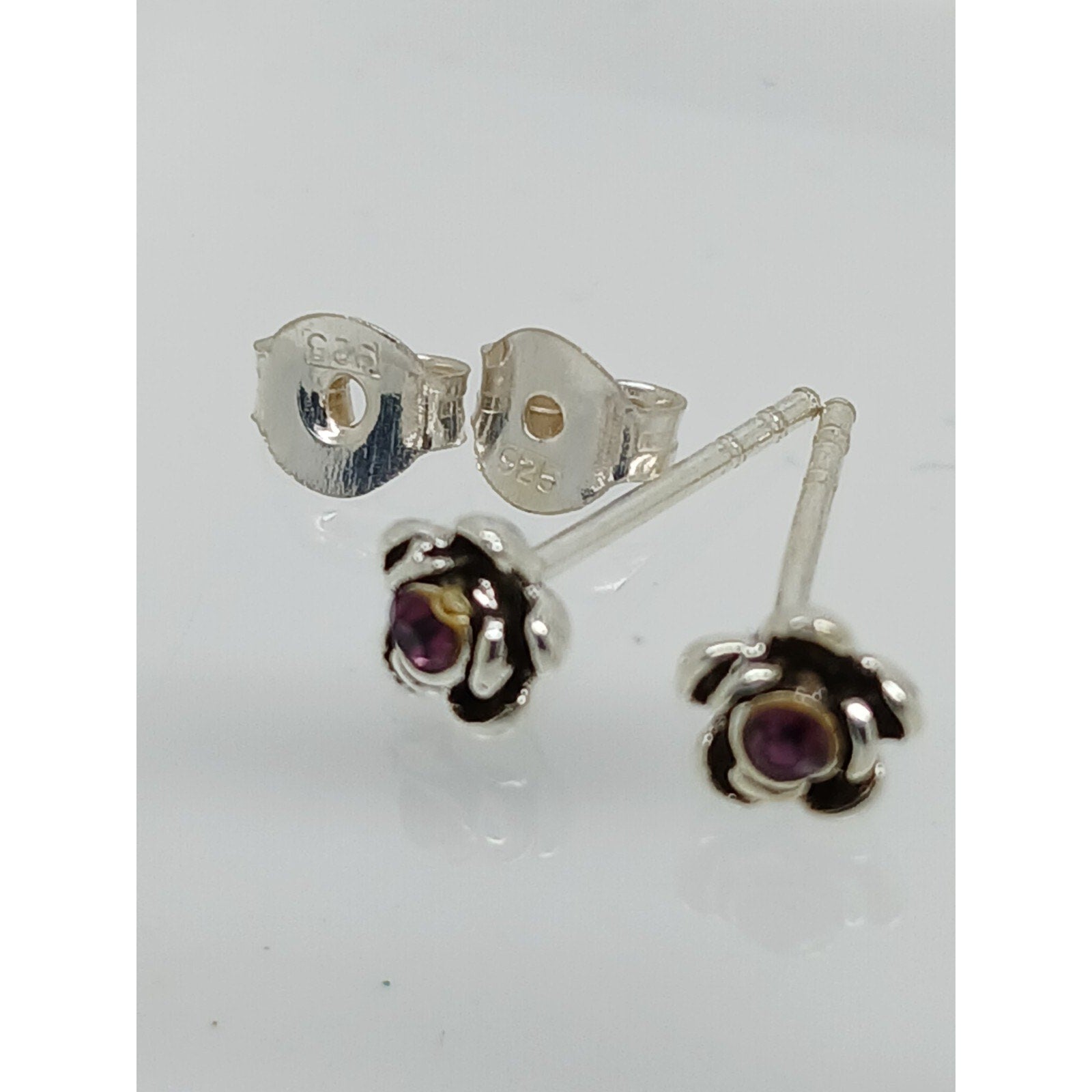 Vintage Estate Jewelry NOS .925 Sterling Silver Purple Rose Crystal Earrings - HoneyThomas.com