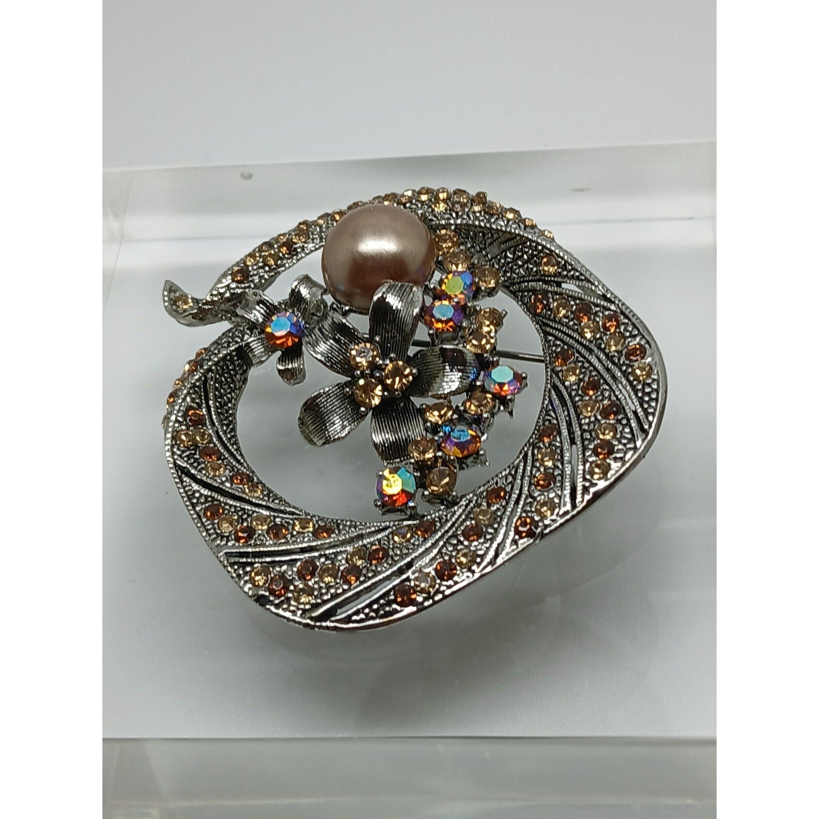 Gorgeous Vintage Estate NOS Faux Pearl Rhinestone Crystal AB Brooch - HoneyThomas.com