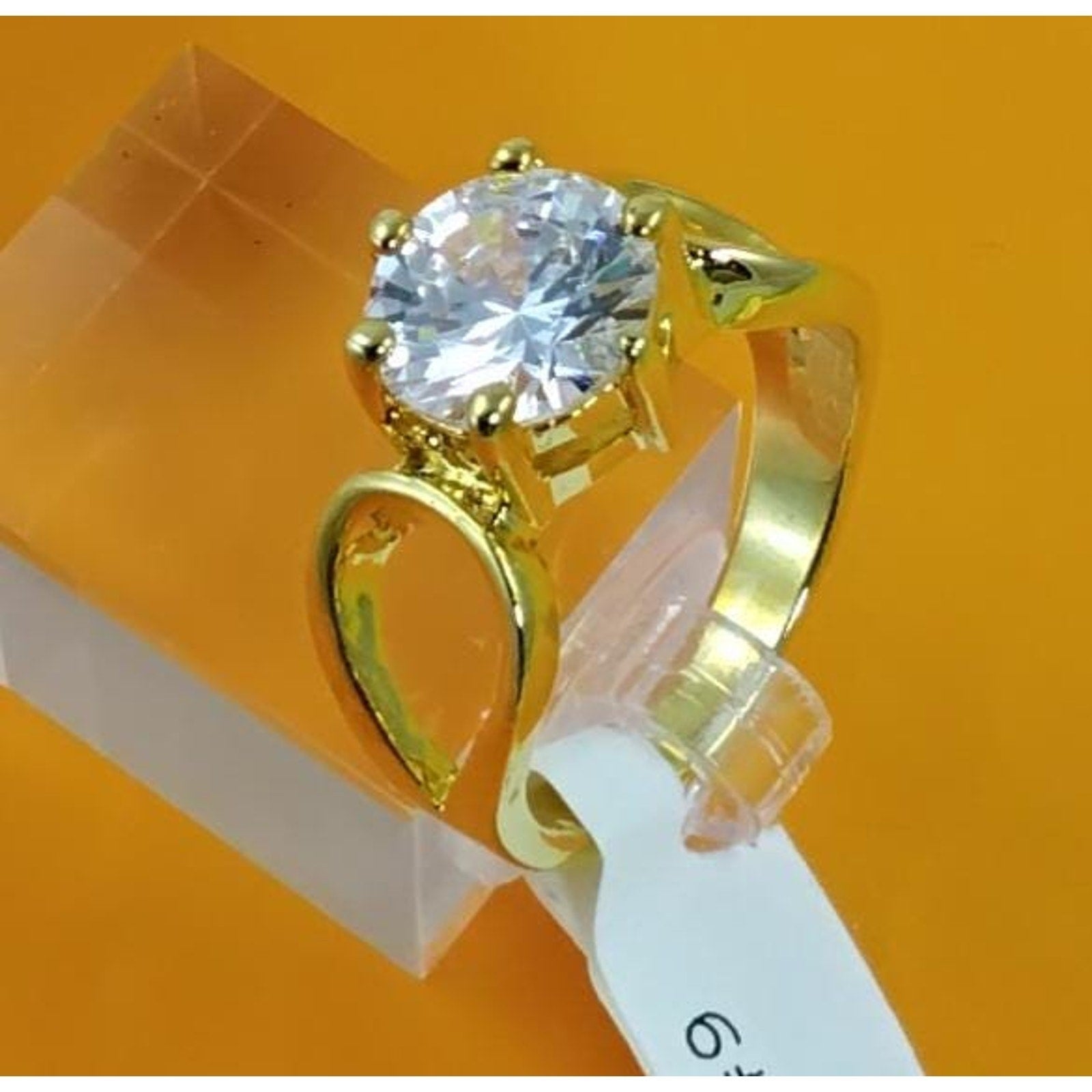 1990s Gold Plated 3.25 CT Size 9 Solitaire Engagement Cocktail Sim Diamond Ring - HoneyThomas.com