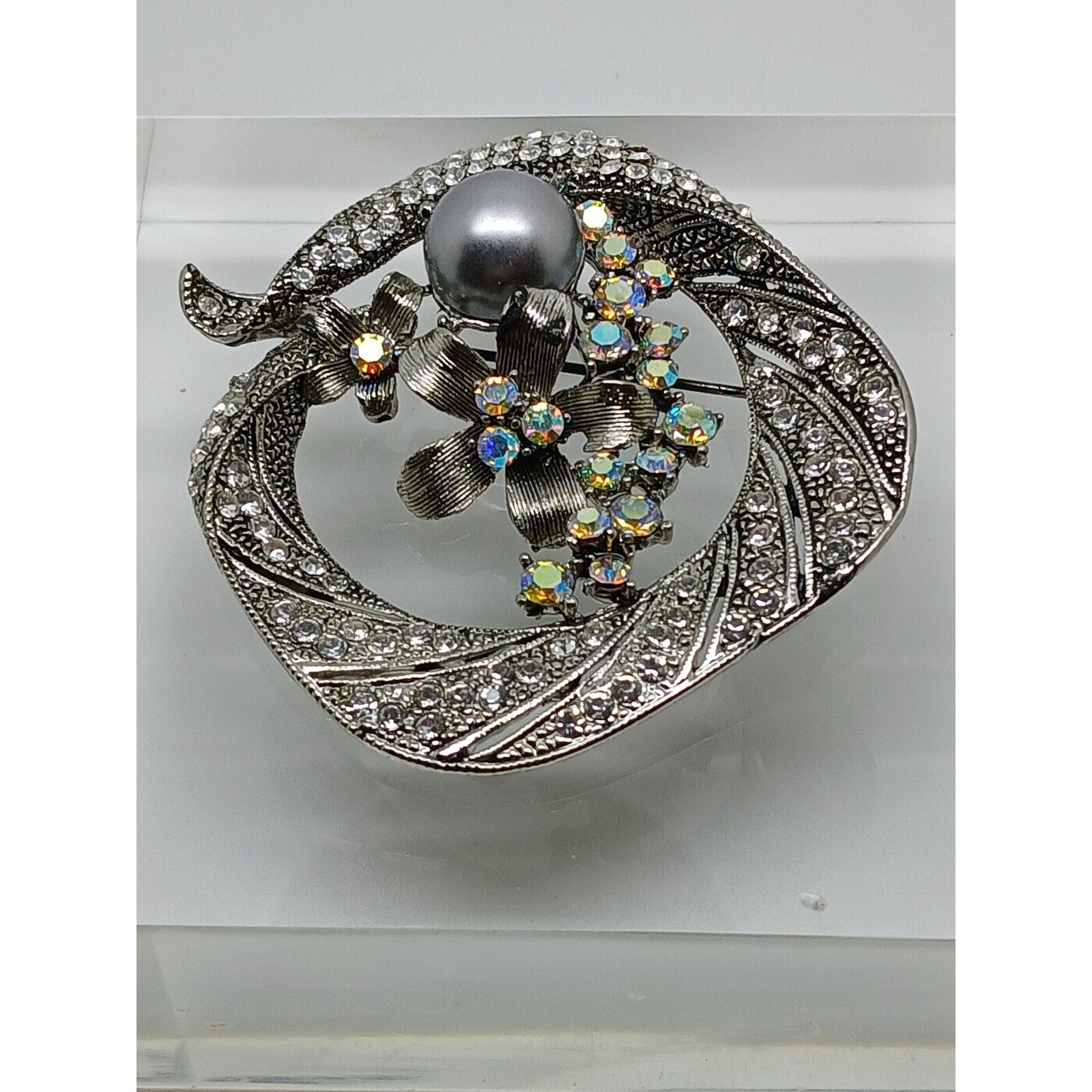 Gorgeous Vintage 90's Antique Style Grey Pearl Rhinestone Crystal AB Brooch - HoneyThomas.com