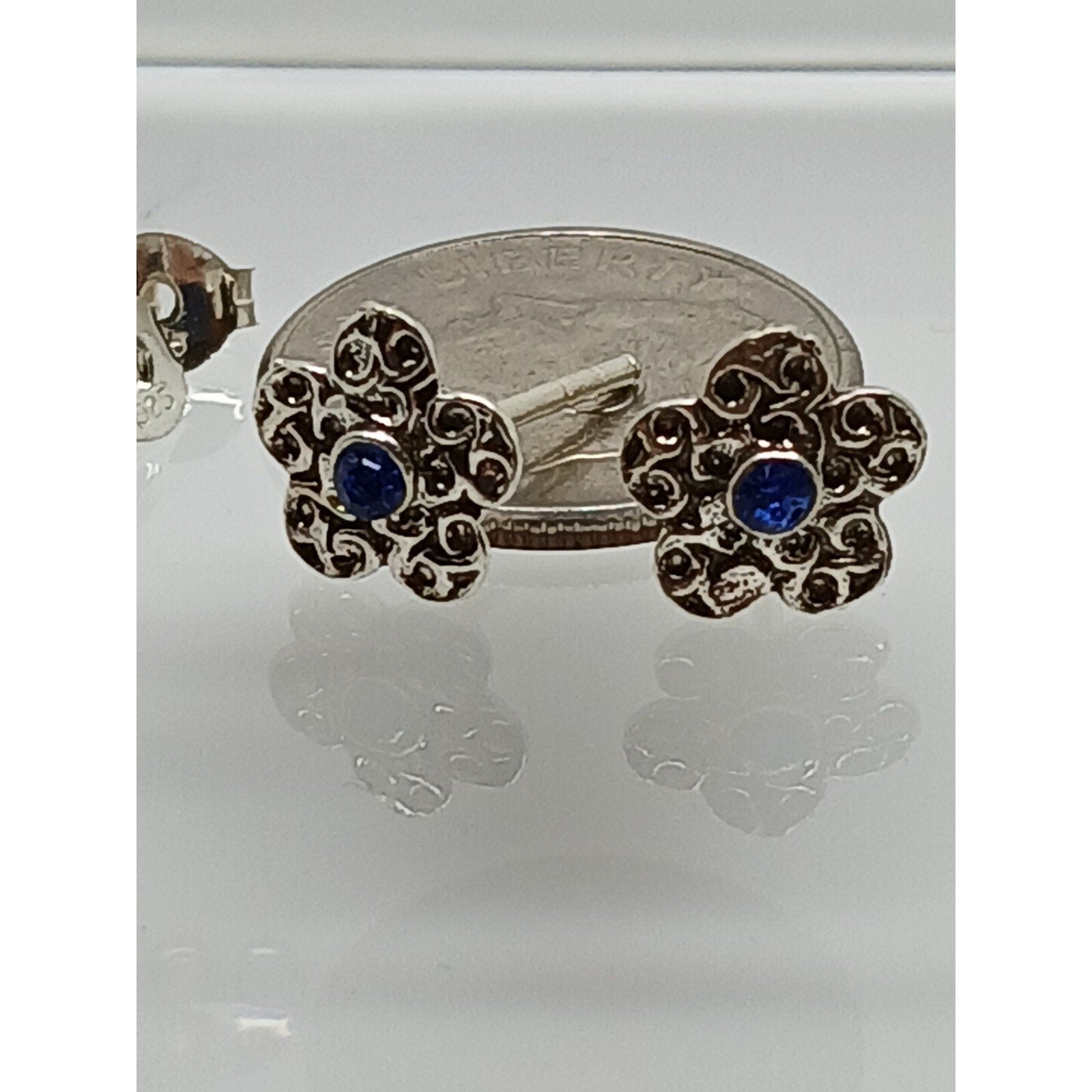 Vintage Estate Jewelry NOS .925 Sterling Silver Blue Crystal Flower Earrings - HoneyThomas.com