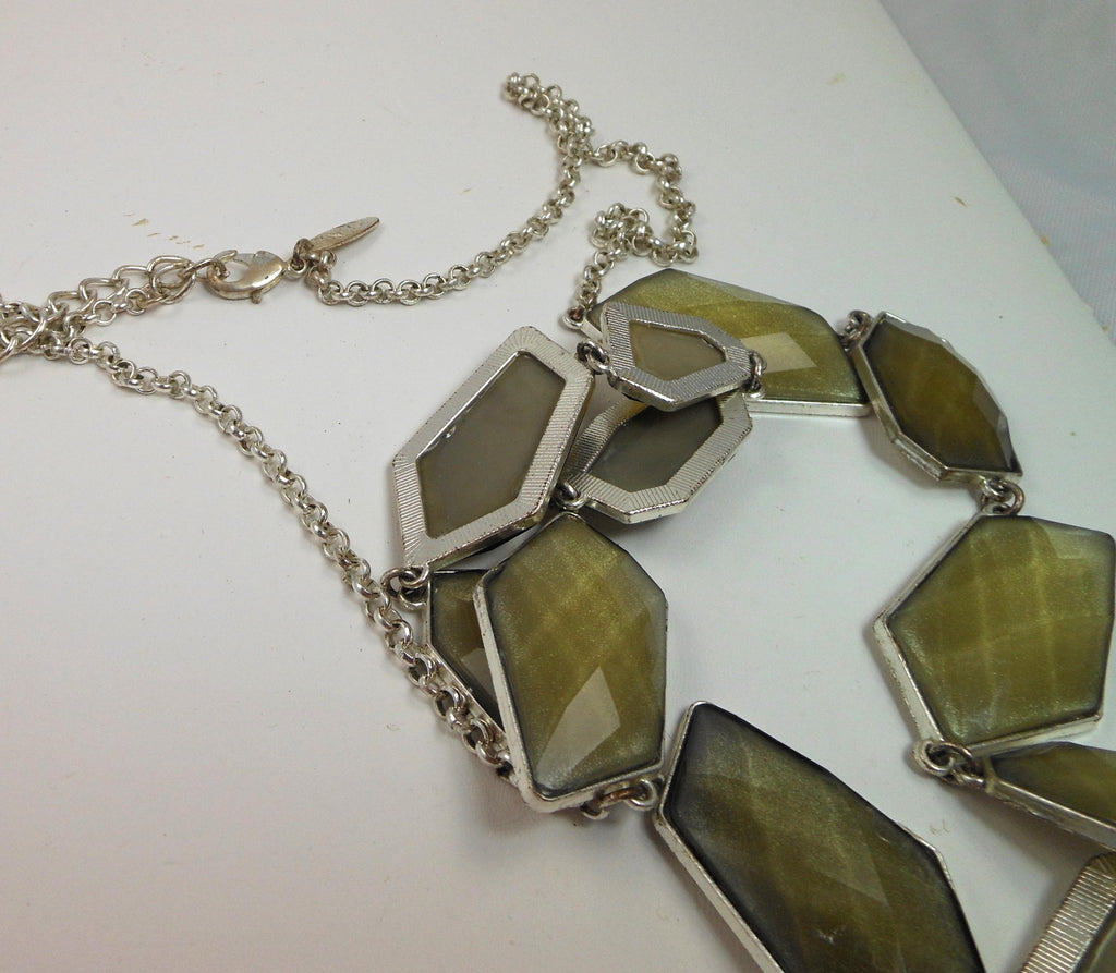 Green Geometric Link Pendant Necklace: Designer Signed NY, 36" Statement Jewelry