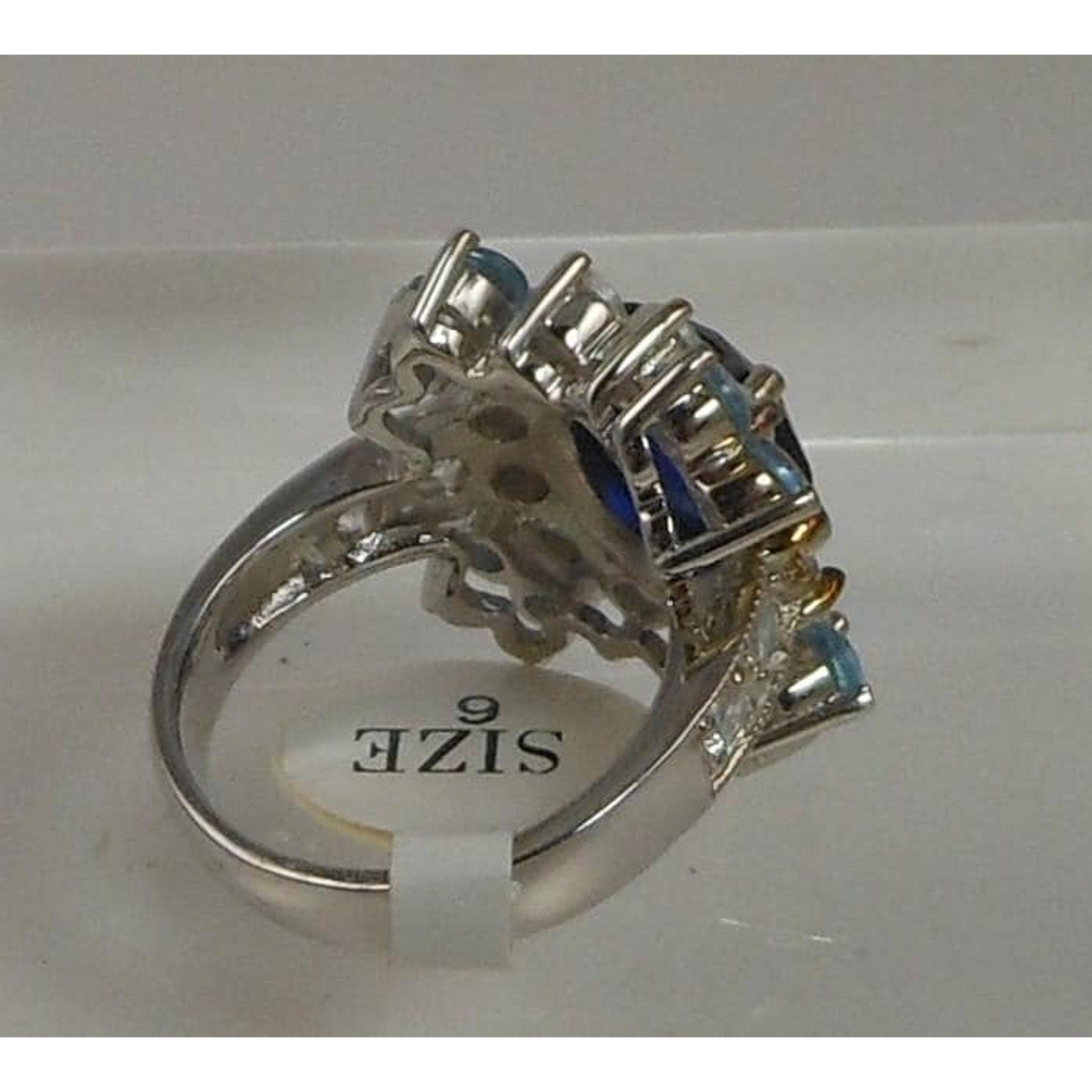 Sterling Silver Cocktail Ring Simulated Diamond Sapphire Topaz CZ Vintage Size 6 - HoneyThomas.com