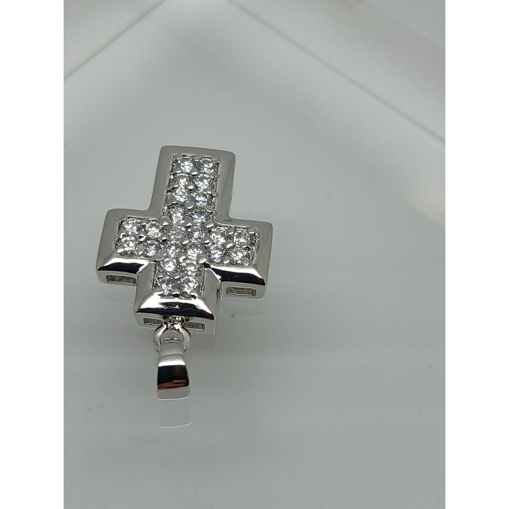 Elegant 90s Vintage Sterling Silver Cross Pendant with Sparkling White CZ Stones - HoneyThomas.com