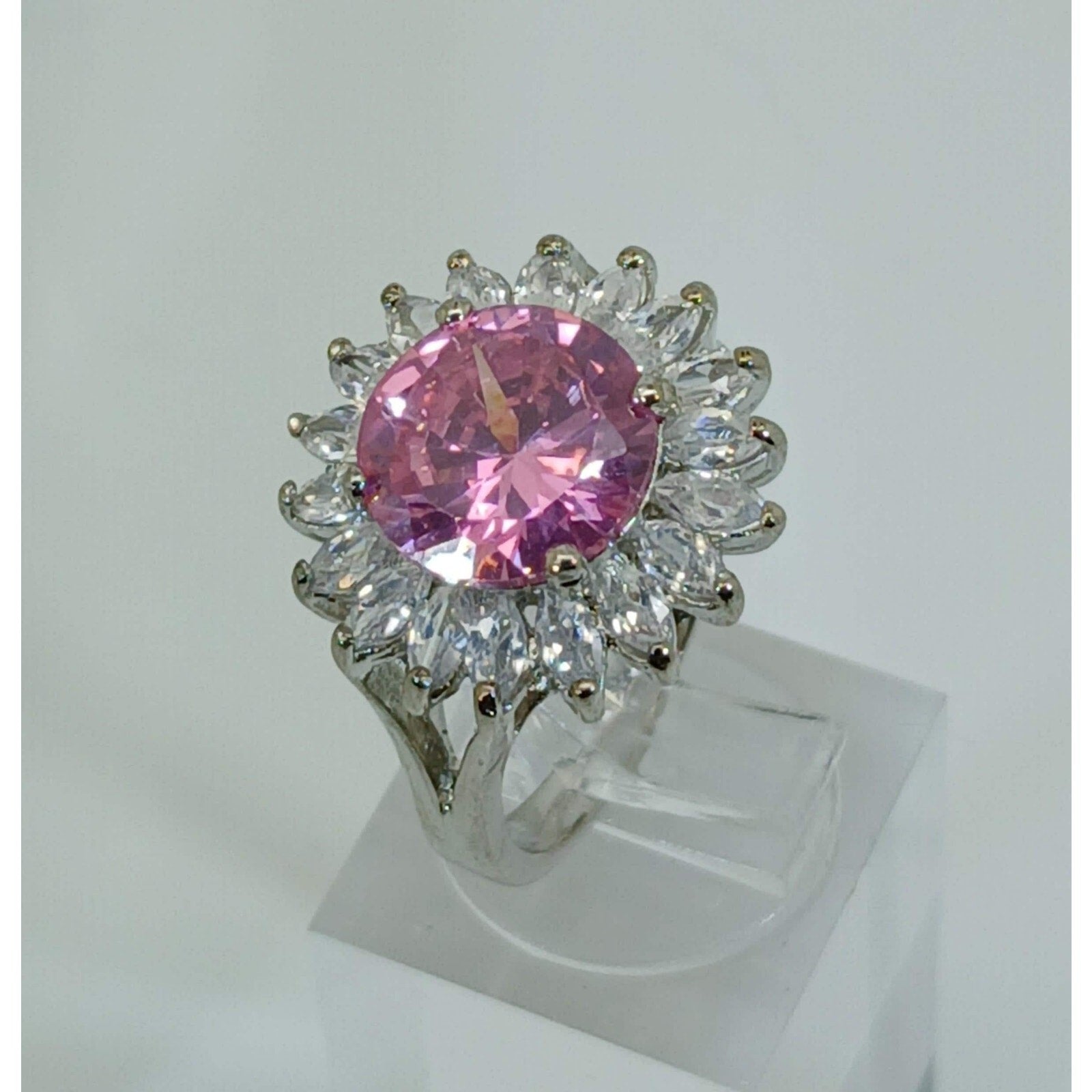 Vintage Ring Size 7.5 Silver Tone White Gold GP Pink CZ Cluster Cocktail NOS - HoneyThomas.com