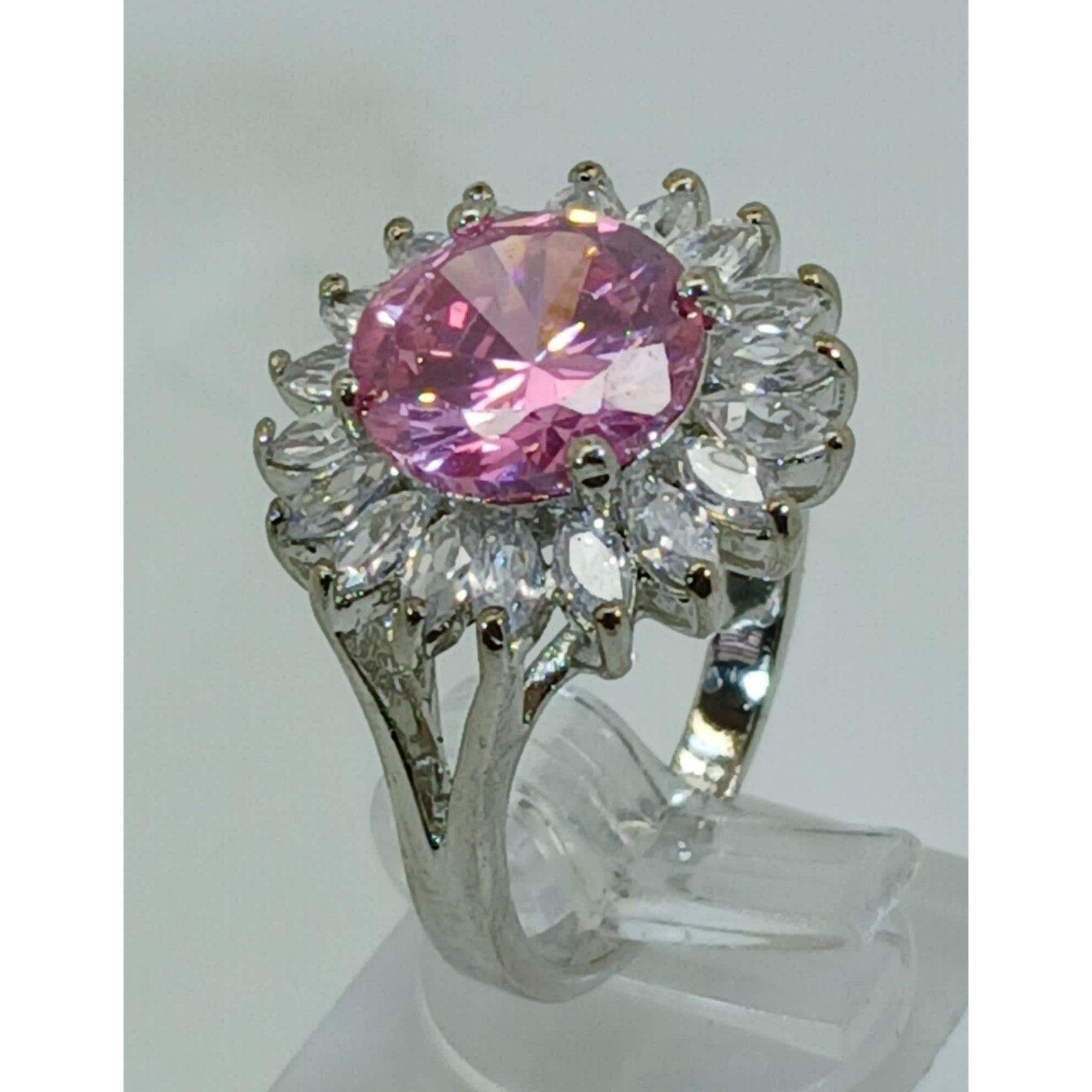 Vintage Ring Size 7.5 Silver Tone White Gold GP Pink CZ Cluster Cocktail NOS - HoneyThomas.com