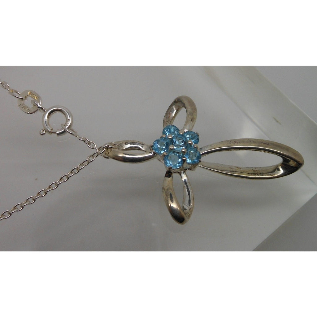 Vintage Sterling Silver Blue Topaz Flower Slide Cross Pendant Necklace Chain - HoneyThomas.com