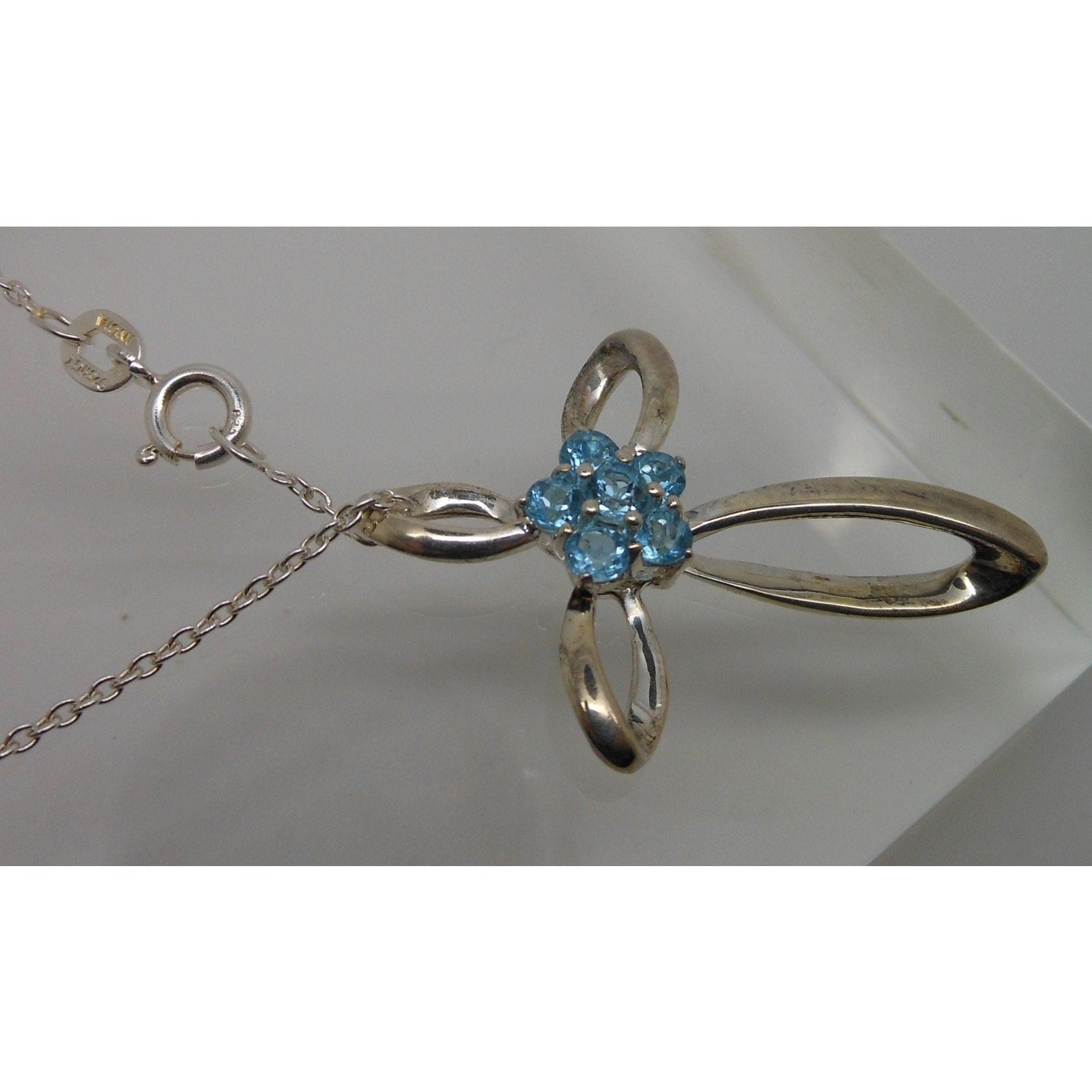 Vintage Sterling Silver Blue Topaz Flower Slide Cross Pendant Necklace Chain - HoneyThomas.com