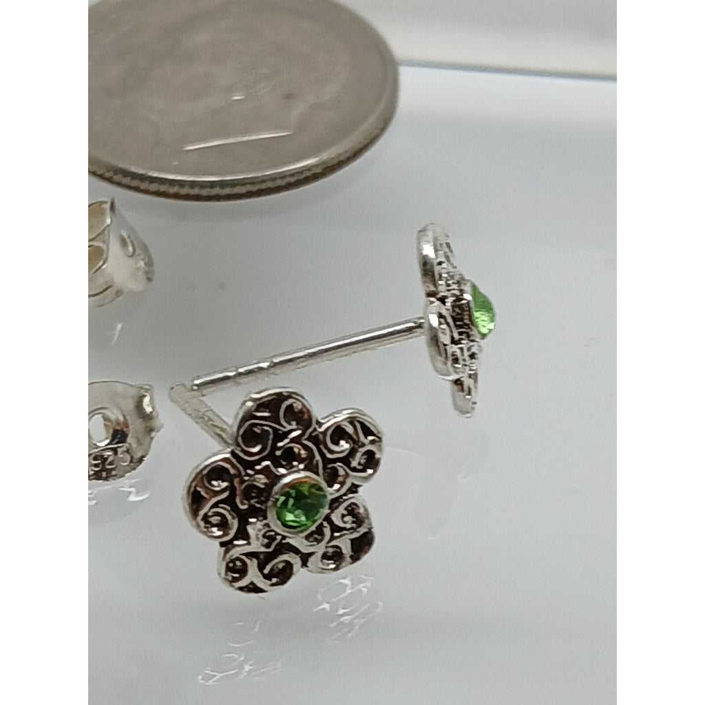 Vintage Estate Jewelry NOS .925 Sterling Silver Green Crystal Flower Earrings - HoneyThomas.com