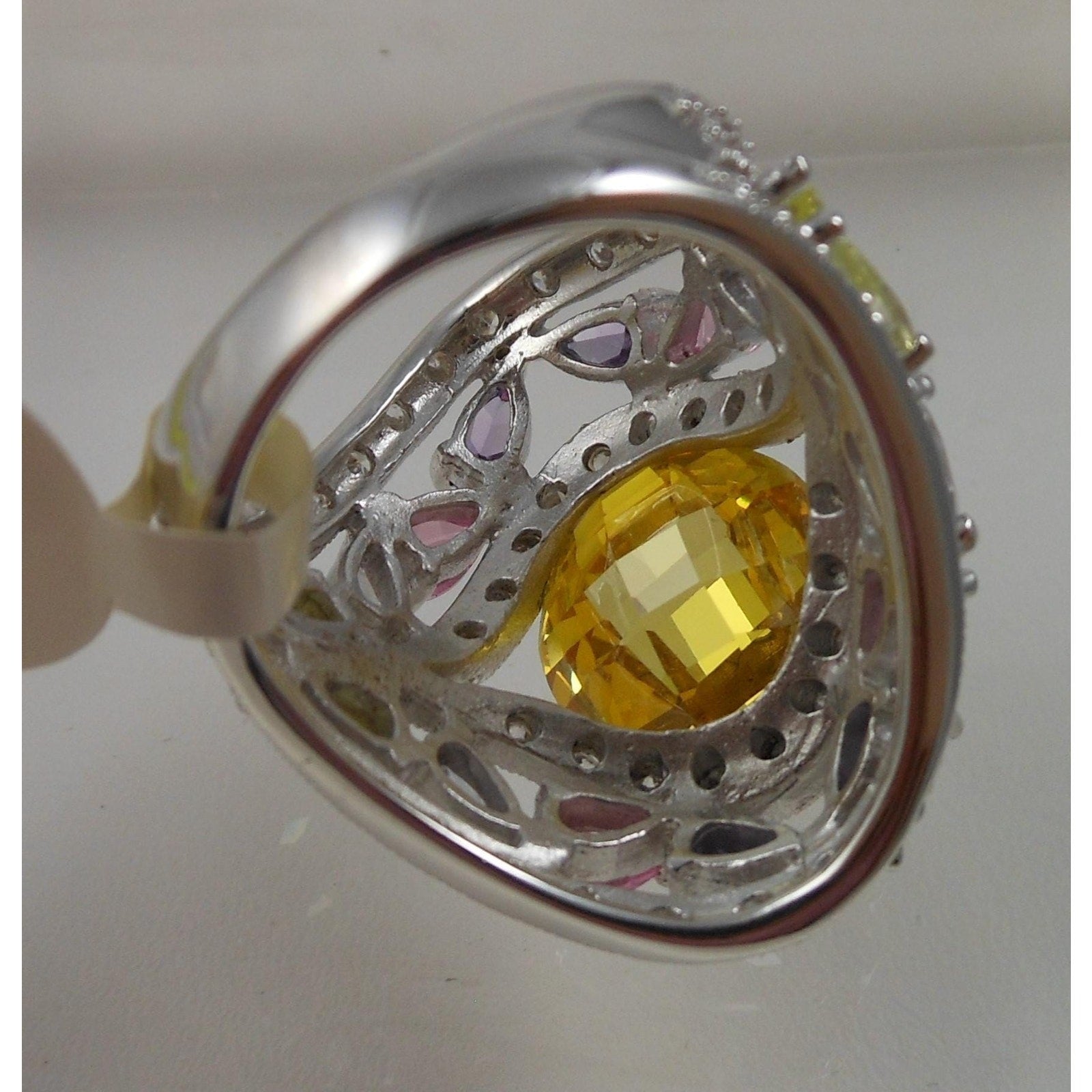 Vintage 1990's CZ Cocktail Statement Ring Simulated Canary Diamond Pink Sapphire - HoneyThomas.com