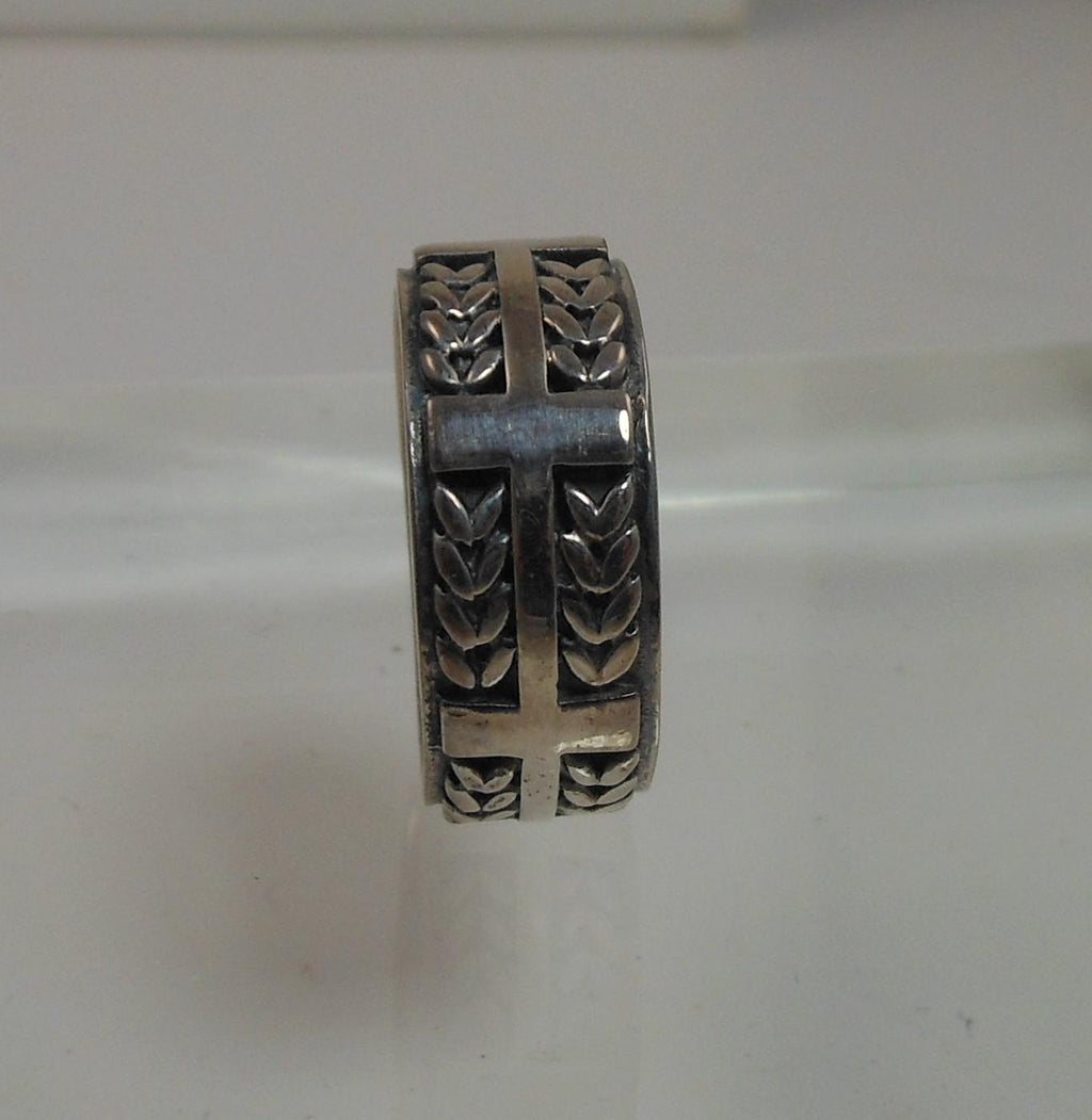 925 Oxidized Sterling Silver Celtic Weave Cross Ring - Vintage 8mm Wide Band, Size 8