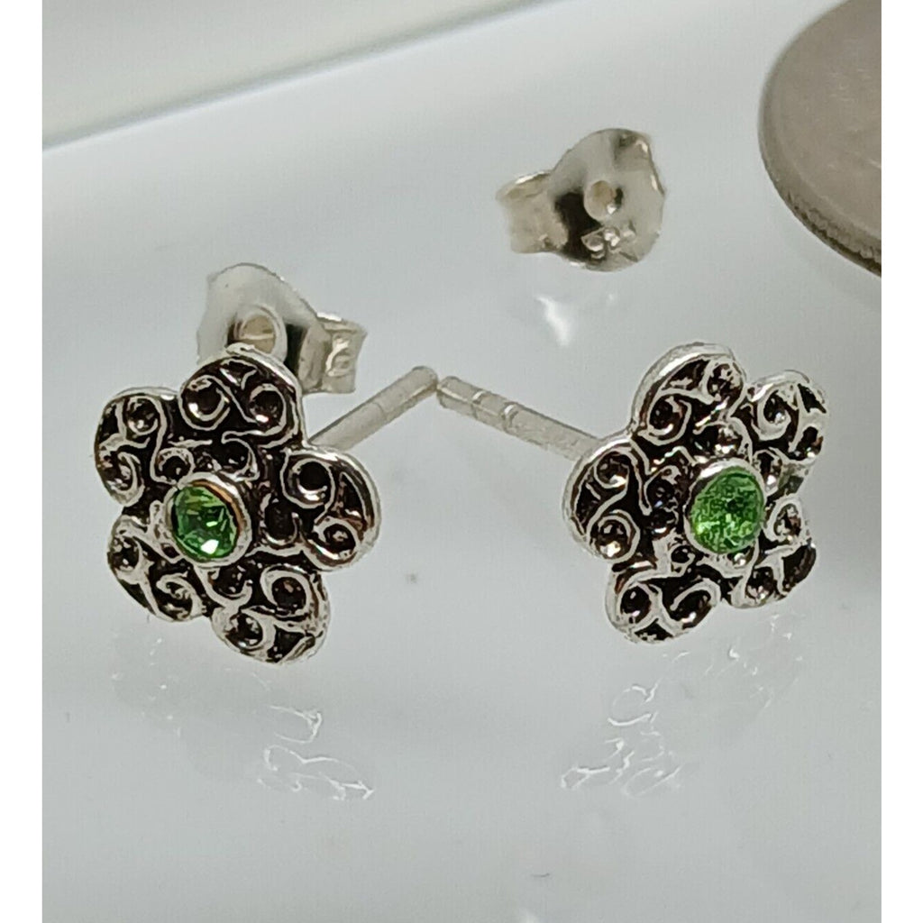 Vintage Estate Jewelry NOS .925 Sterling Silver Green Crystal Flower Earrings - HoneyThomas.com