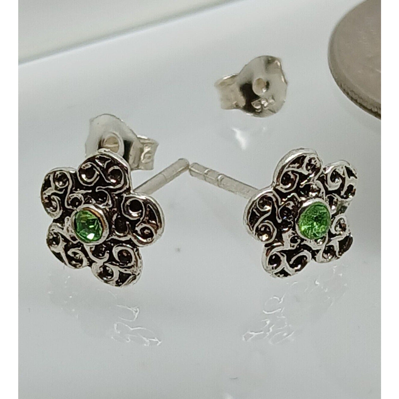Vintage Estate Jewelry NOS .925 Sterling Silver Green Crystal Flower Earrings - HoneyThomas.com