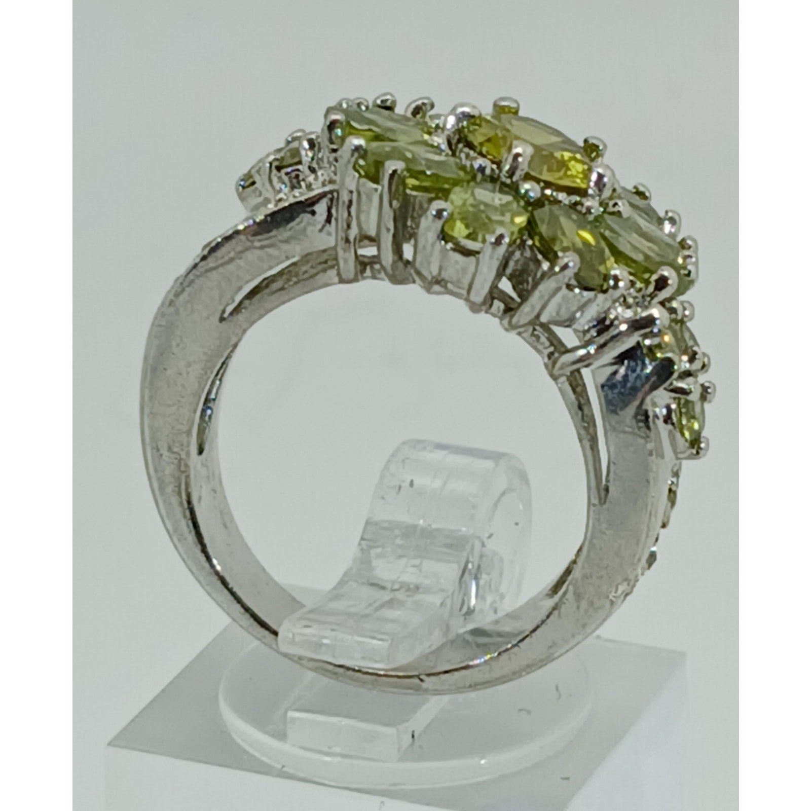 Vintage Ring Size 5.25 Silver Tone White Gold GP Lemon Olivine CZ Floral Cluster - HoneyThomas.com