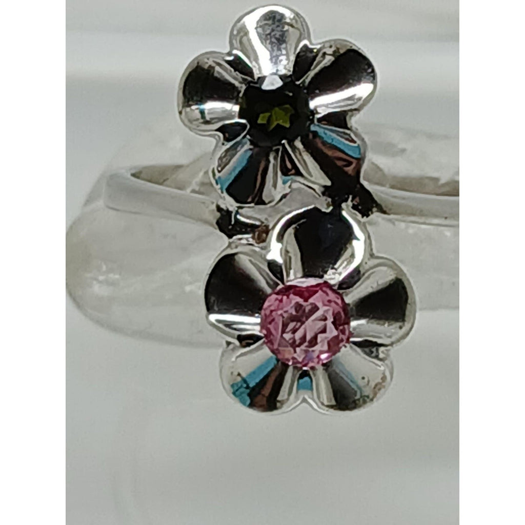 1990's Vintage Sterling Silver Flower Bypass Ring Pink & Green Tourmaline Size 7 - HoneyThomas.com