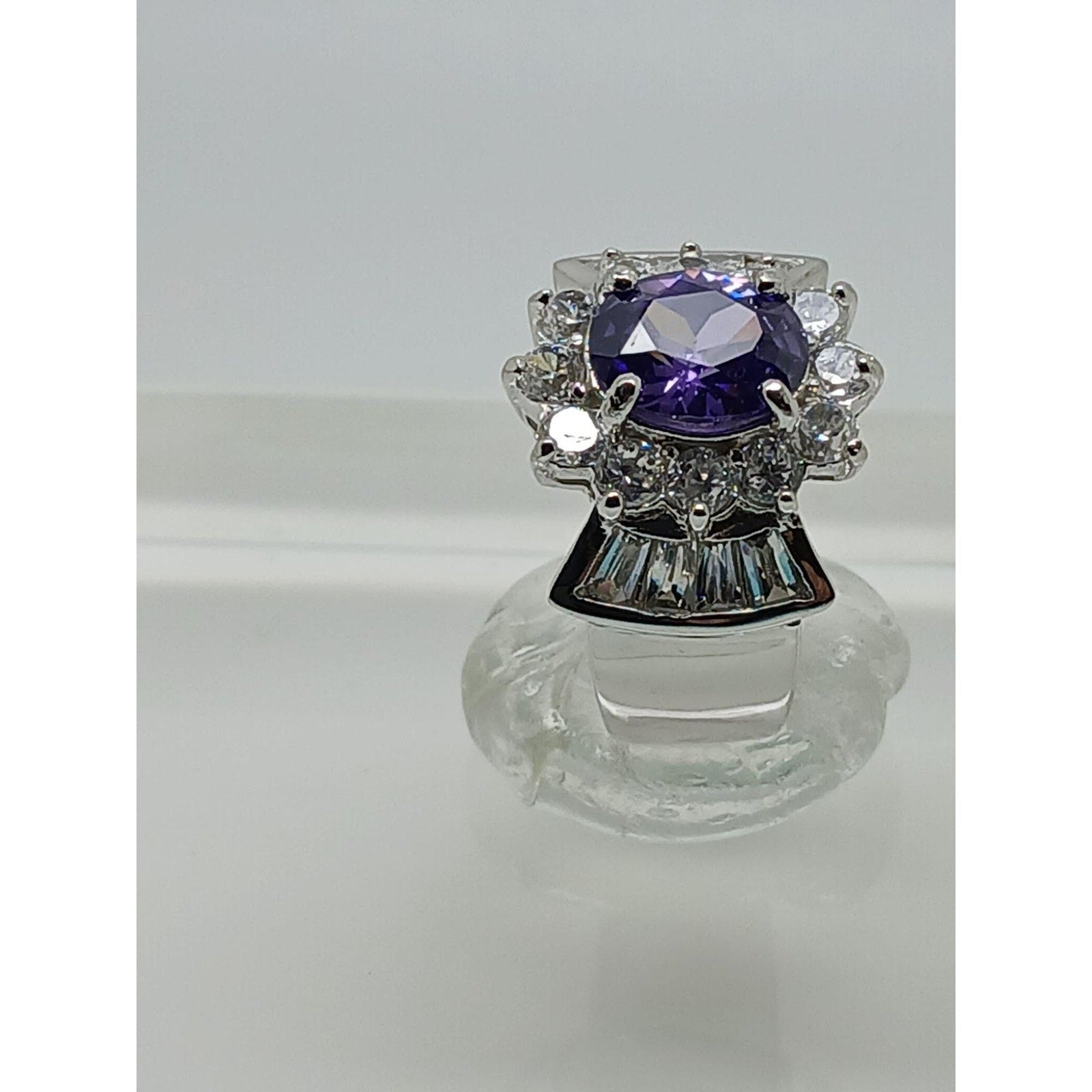 Dramatic Glam 1990's Vintage Sterling Silver Ring Simulated Amethyst CZ Size 6.5 - HoneyThomas.com