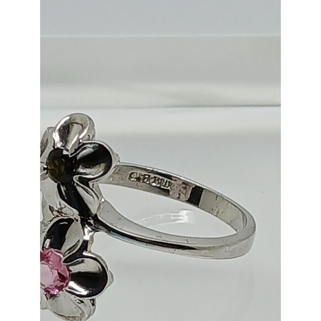 1990's Vintage Sterling Silver Flower Bypass Ring Pink & Green Tourmaline Size 7 - HoneyThomas.com