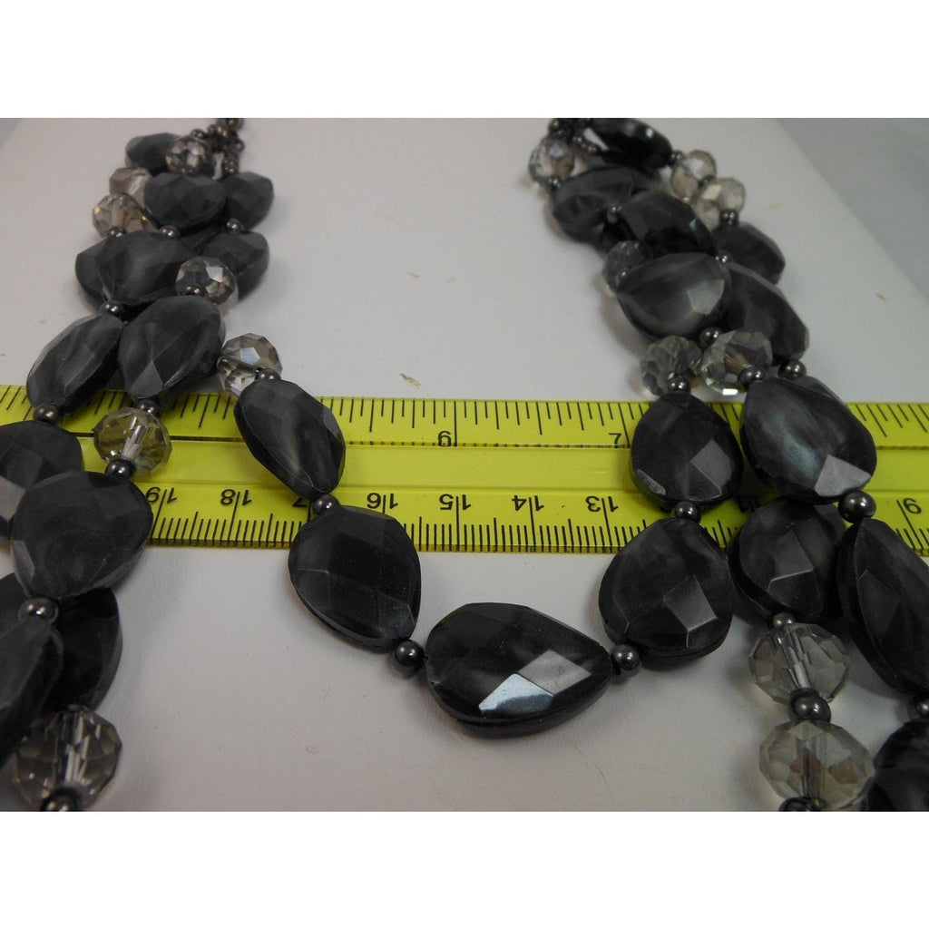 Vintage Three Strand Crystal Pendant Black Grey Necklace - Designer Signed - HoneyThomas.com