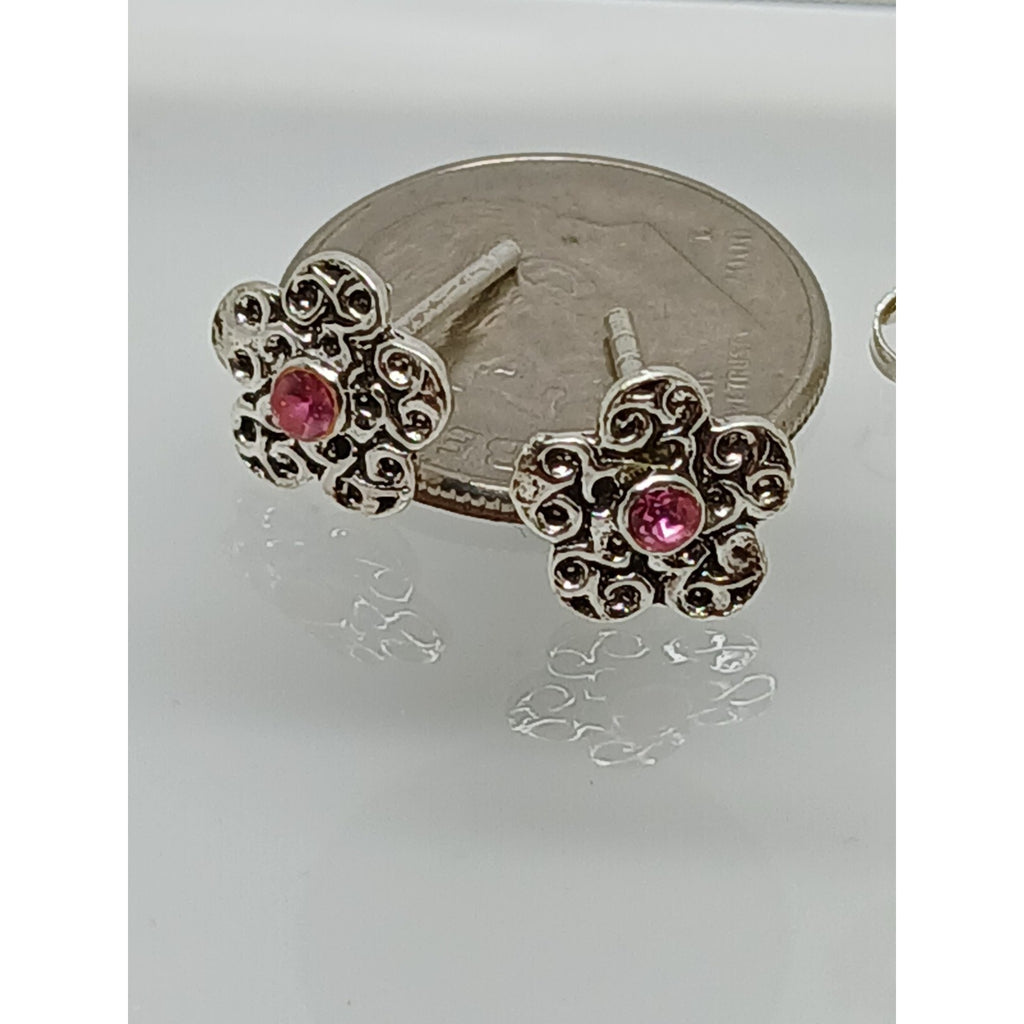 Vintage Estate Jewelry NOS .925 Sterling Silver Pink Crystal Flower Earrings - HoneyThomas.com