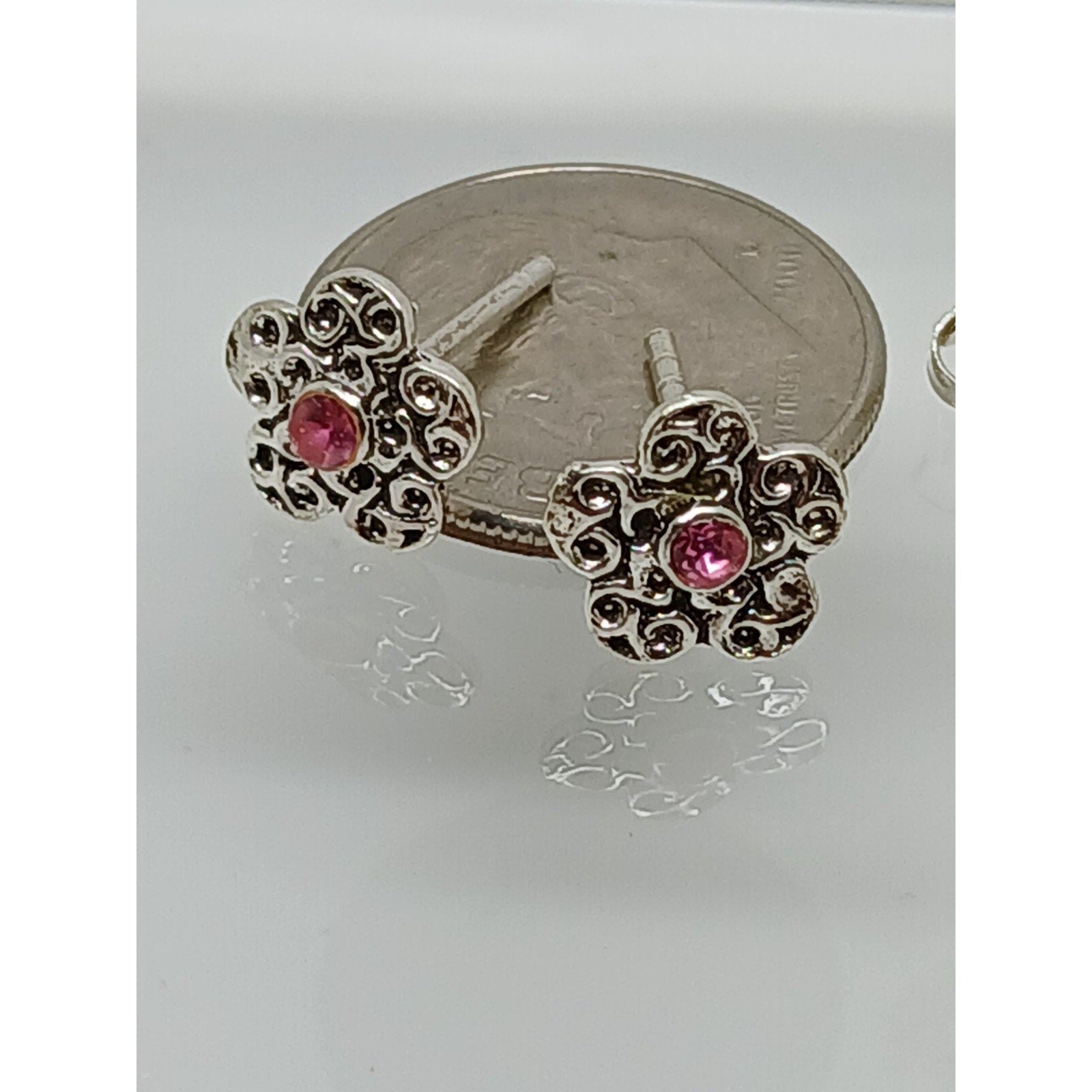 Vintage Estate Jewelry NOS .925 Sterling Silver Pink Crystal Flower Earrings - HoneyThomas.com