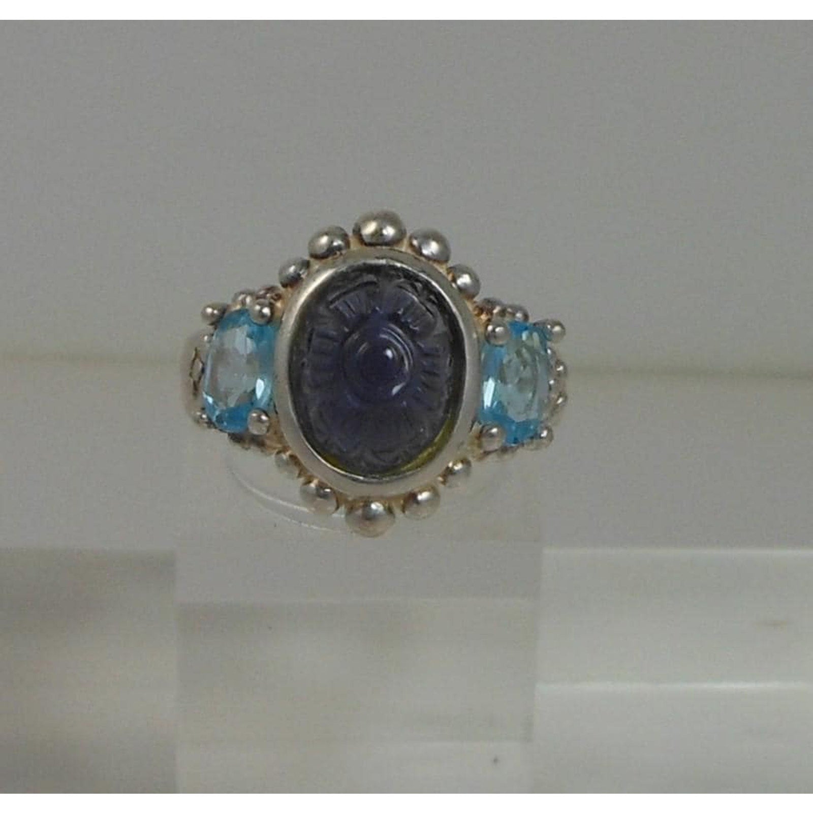 Handcrafted Vintage Blue Topaz Sterling Silver Ring Carved Chalcedony Size 4.5