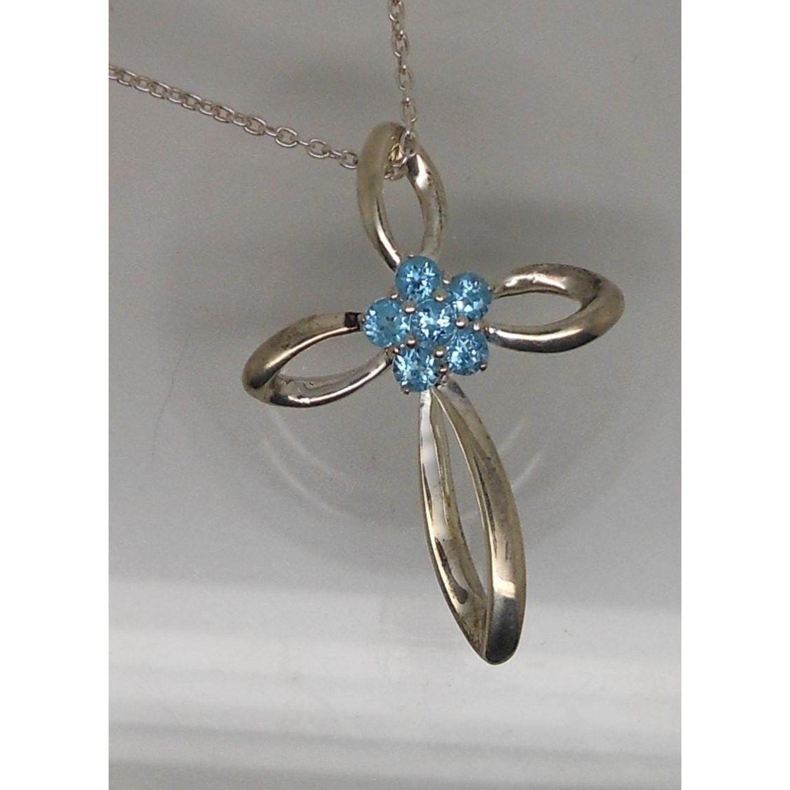 Vintage Sterling Silver Blue Topaz Flower Slide Cross Pendant Necklace Chain - HoneyThomas.com