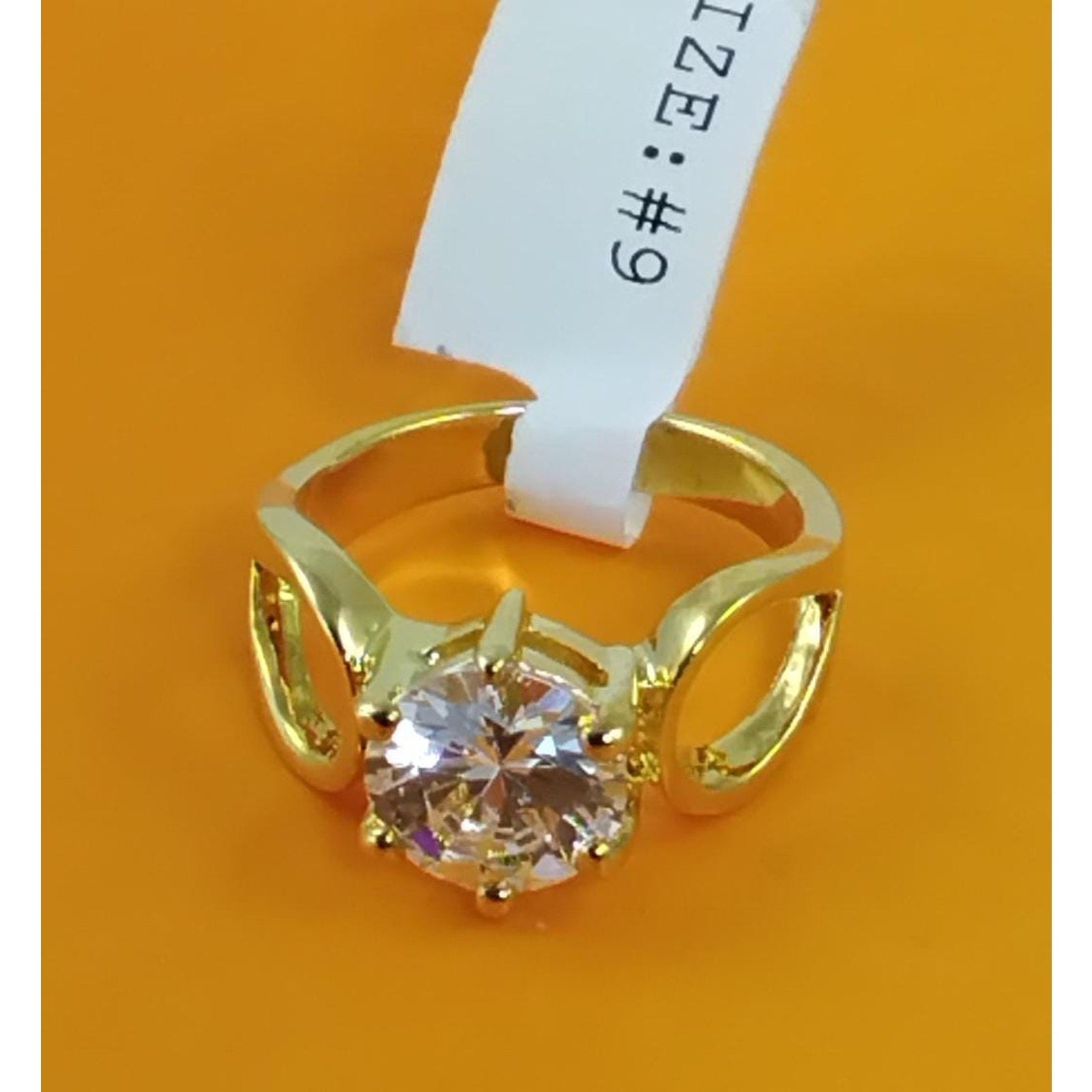 1990s Gold Plated 3.25 CT Size 9 Solitaire Engagement Cocktail Sim Diamond Ring - HoneyThomas.com