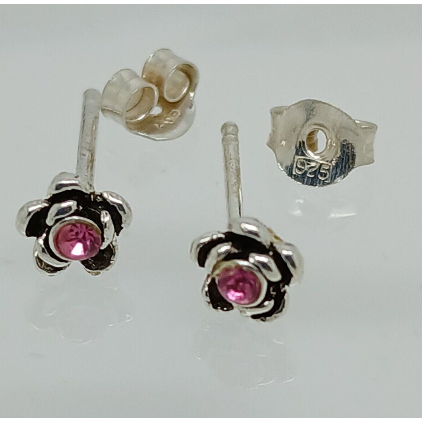 Vintage Estate Jewelry NOS .925 Sterling Silver Pink Rose Crystal Earrings - HoneyThomas.com
