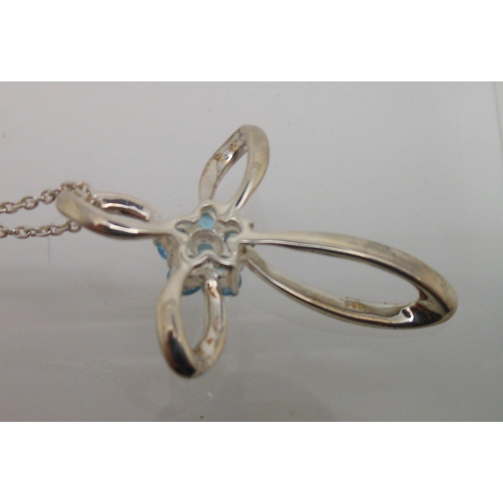 Vintage Sterling Silver Blue Topaz Flower Slide Cross Pendant Necklace Chain - HoneyThomas.com