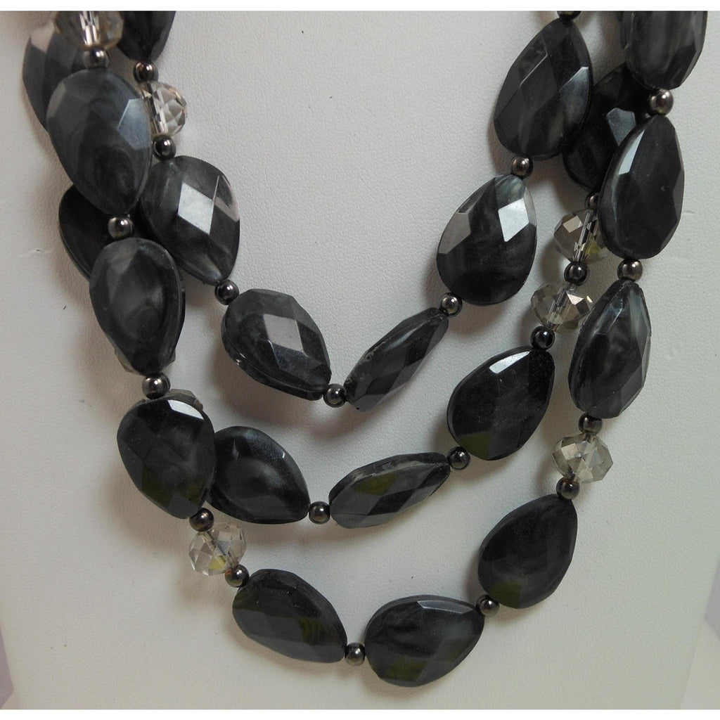 Vintage Three Strand Crystal Pendant Black Grey Necklace - Designer Signed - HoneyThomas.com