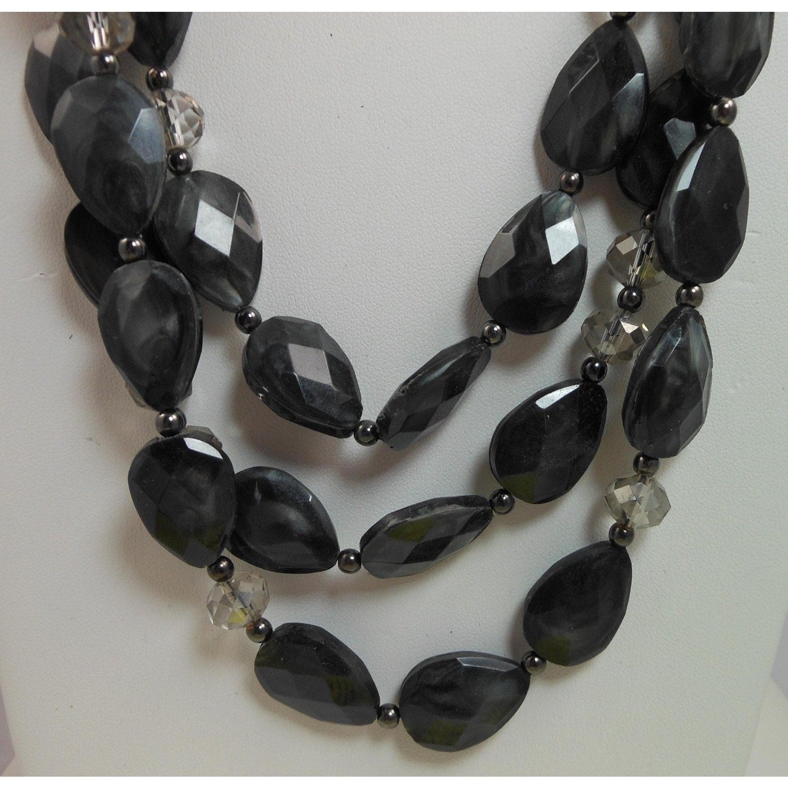 Vintage Three Strand Crystal Pendant Black Grey Necklace - Designer Signed - HoneyThomas.com
