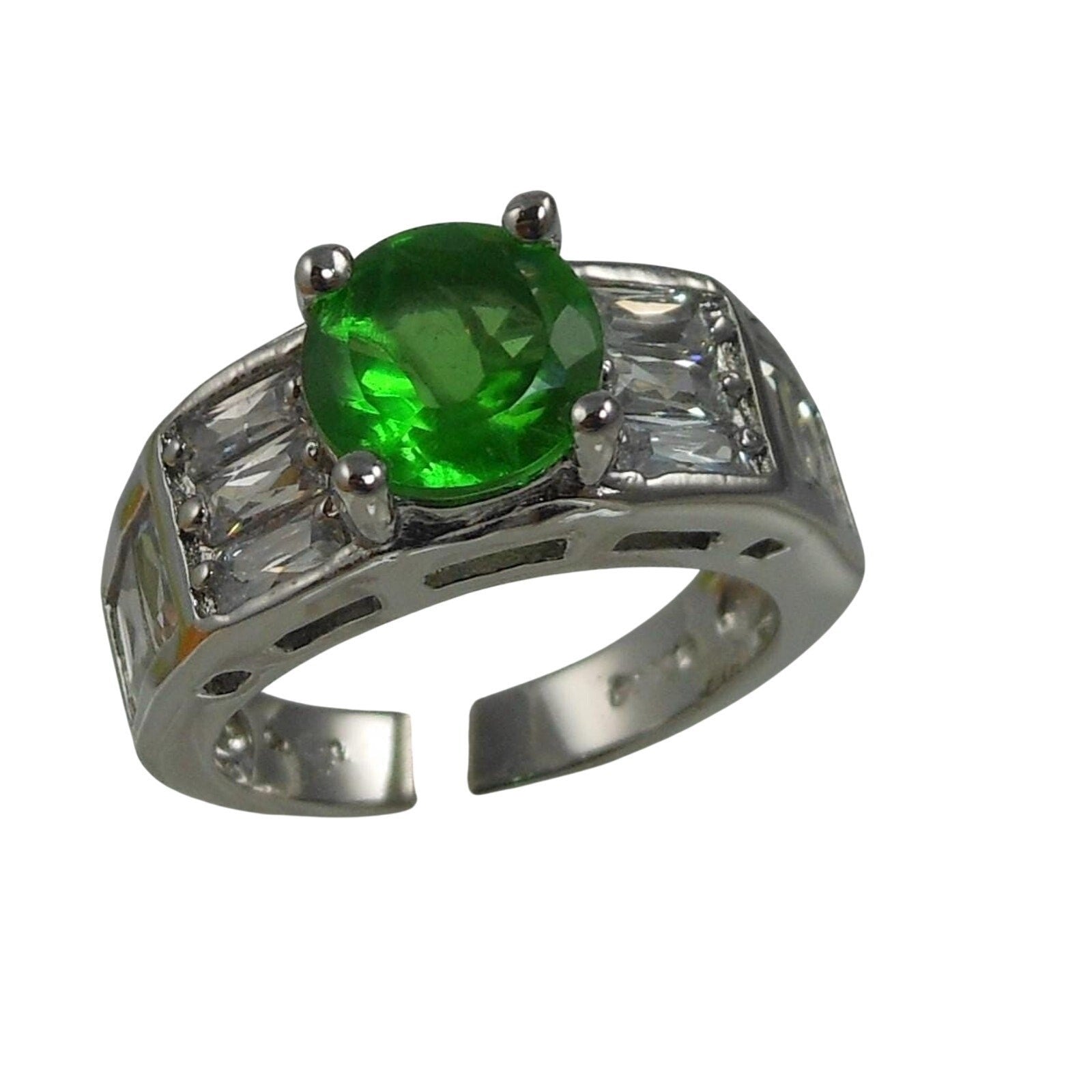 Vintage Sterling Silver Simulated Diamond Emerald Engagement Wedding Ring Band 7 - HoneyThomas.com