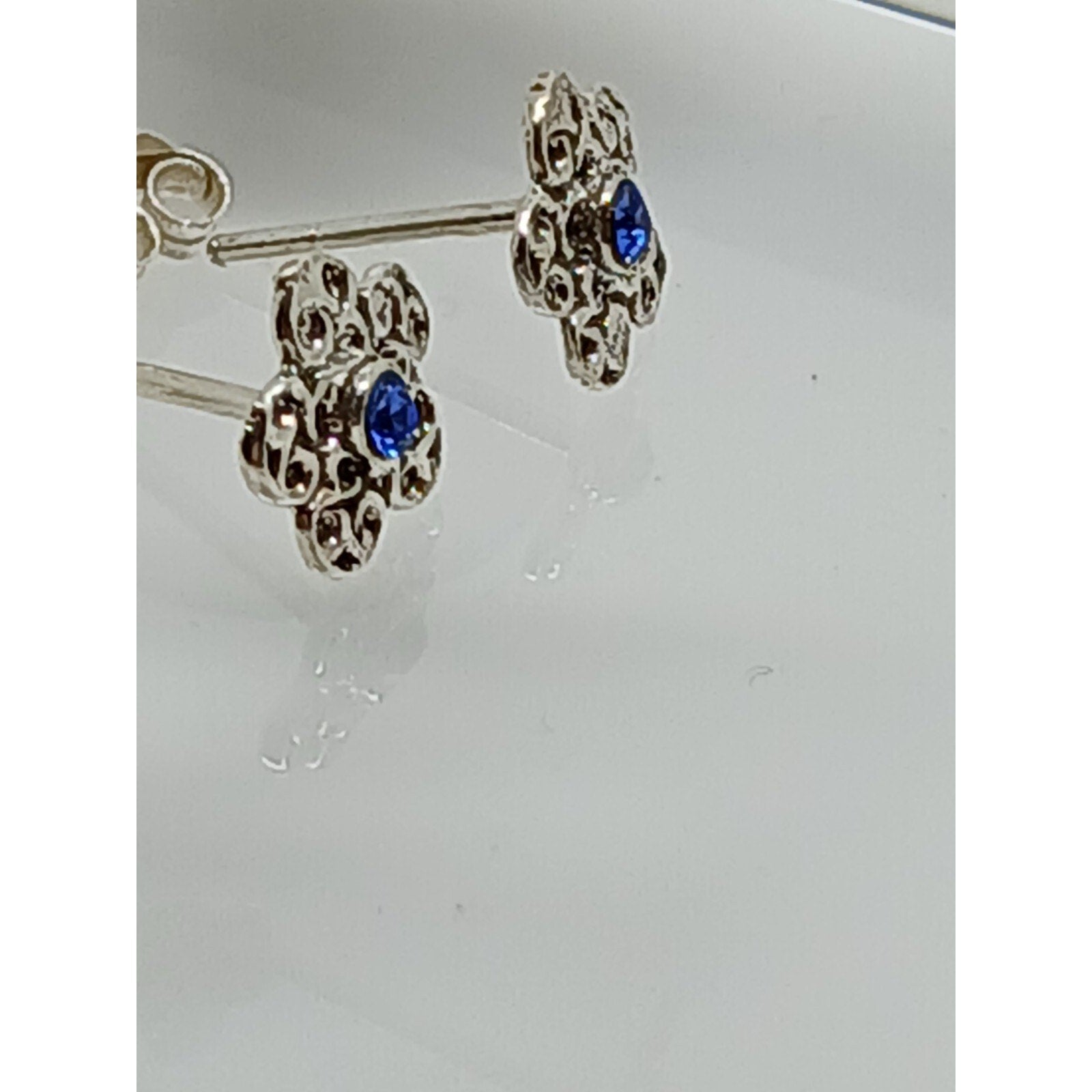 Vintage Estate Jewelry NOS .925 Sterling Silver Blue Crystal Flower Earrings - HoneyThomas.com
