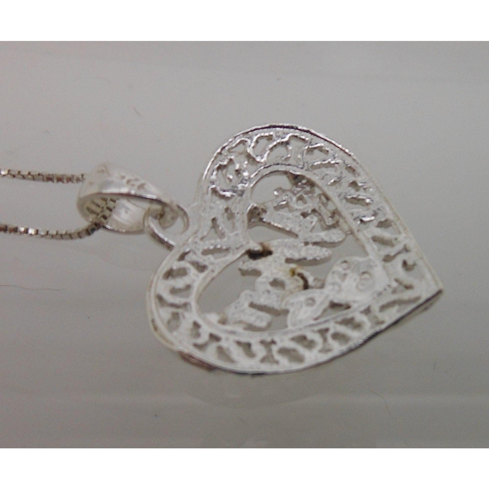 Vintage 1990s Sterling Silver Mom Heart Pendant Necklace 18 Box Chain - HoneyThomas.com