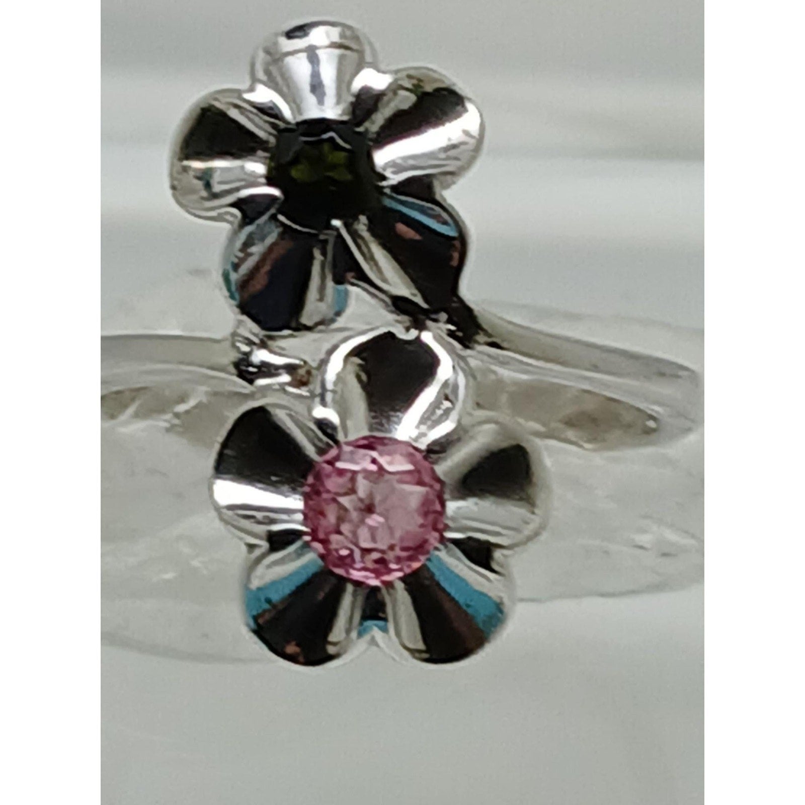 1990's Vintage Sterling Silver Flower Bypass Ring Pink & Green Tourmaline Size 7 - HoneyThomas.com