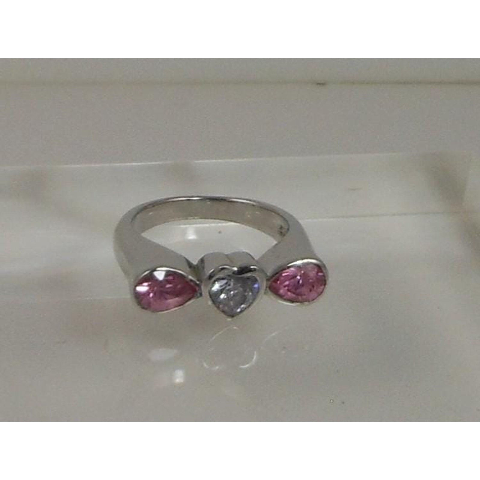 Vintage 1990s Sterling Silver Heart Ring Size 8.75 Pink Ice Simulated Diamond
