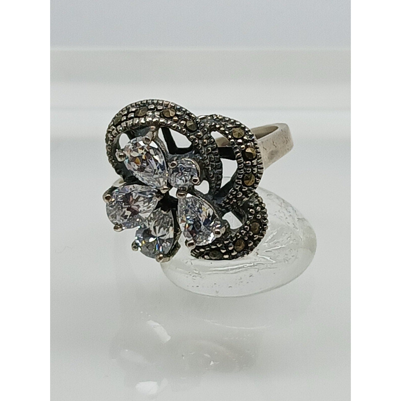 1990's Vintage Antique-Style Marcasite Sterling Silver Diamond CZ Size Ring 8.5 - HoneyThomas.com