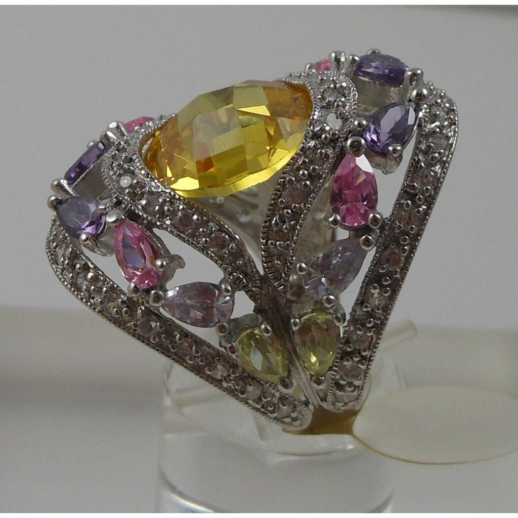 Vintage 1990's CZ Cocktail Statement Ring Simulated Canary Diamond Pink Sapphire - HoneyThomas.com