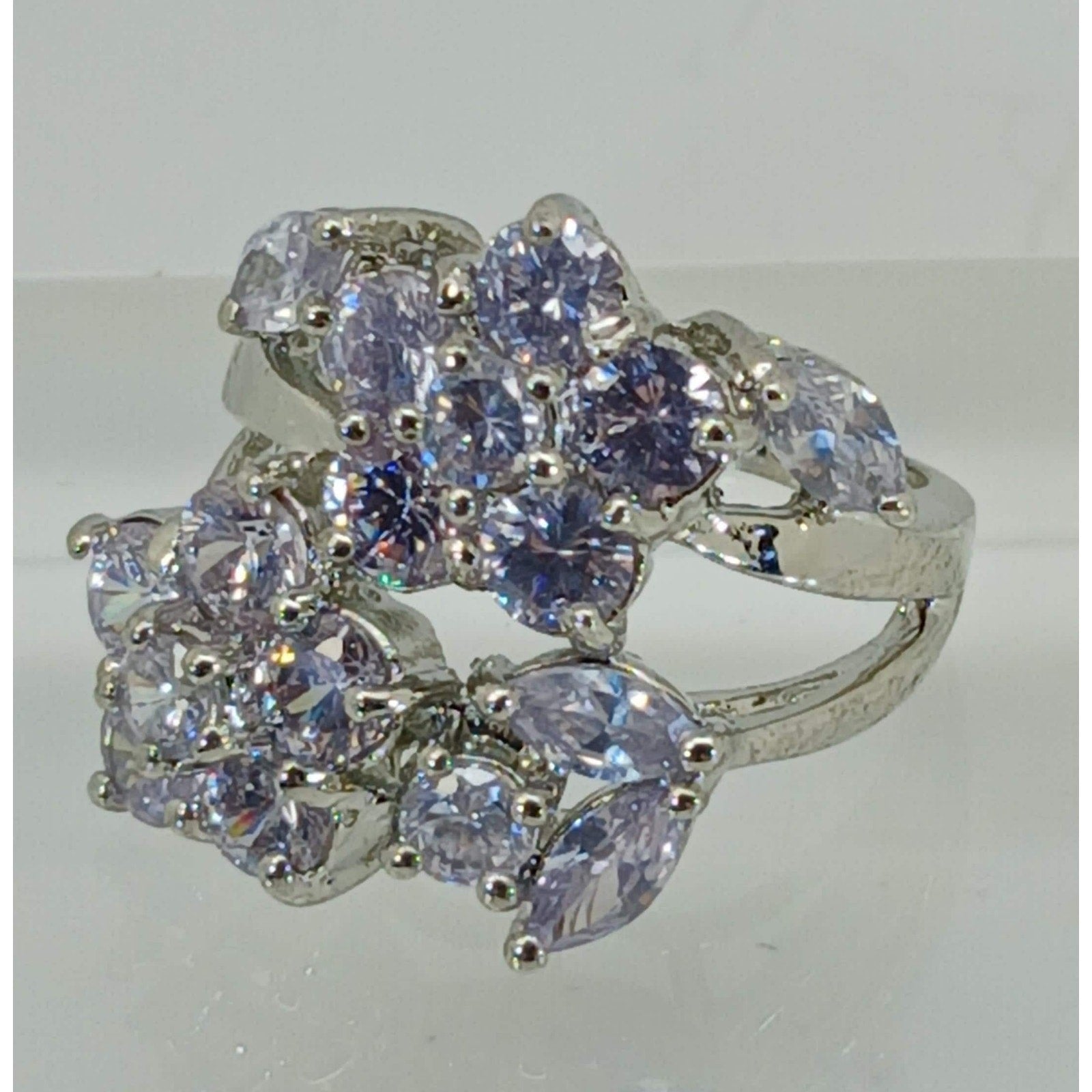 Vintage Ring Size 7 Silver Tone White Gold GP Brilliant Sim Diamond CZ Cocktail - HoneyThomas.com