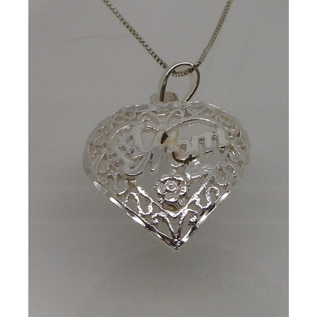 Vintage 1990s Sterling Silver Mom Heart Pendant Necklace 18 Box Chain - HoneyThomas.com