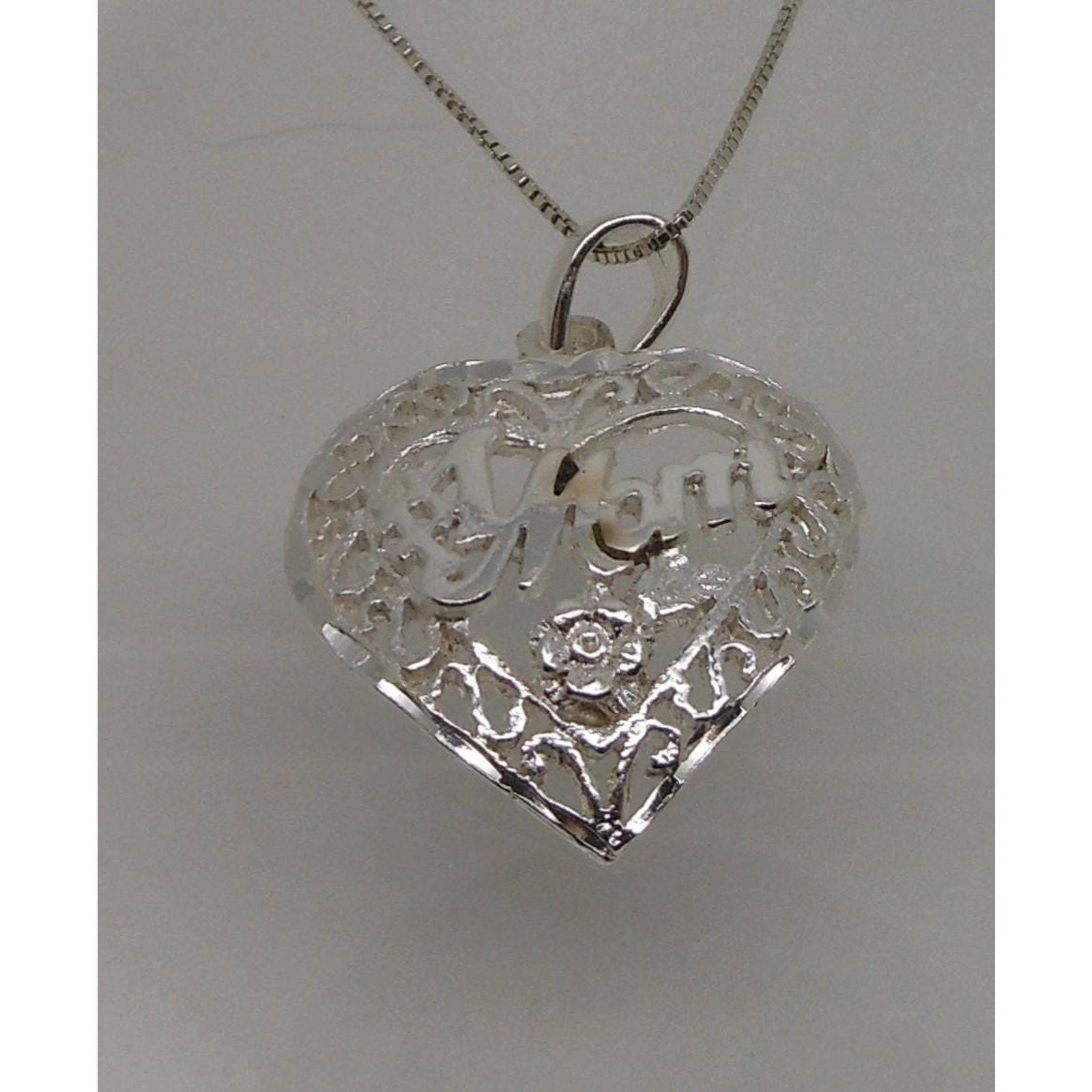 Vintage 1990s Sterling Silver Mom Heart Pendant Necklace 18 Box Chain - HoneyThomas.com